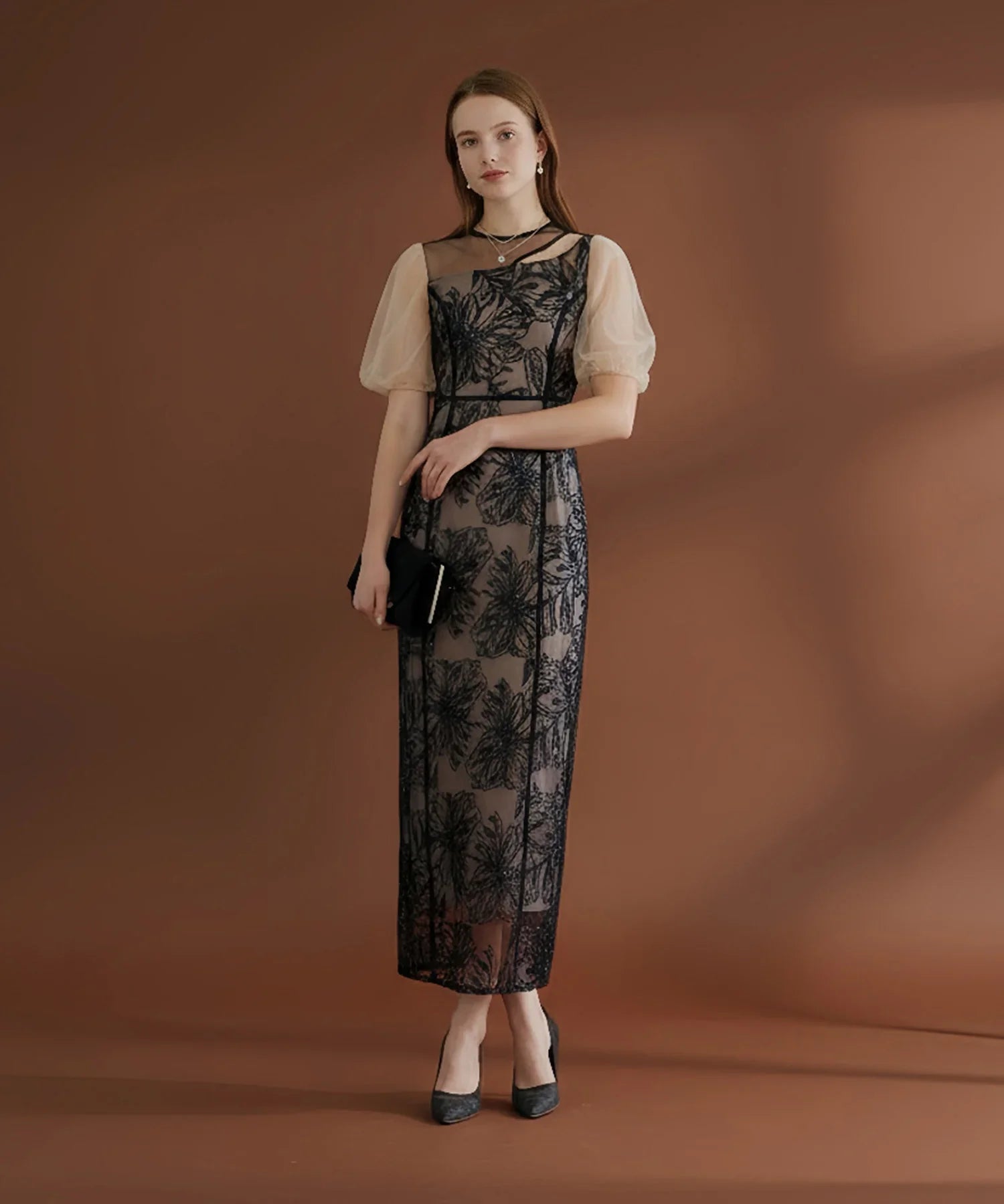 【当日発送】アシンメトリーシアーフラワーワンピースドレス