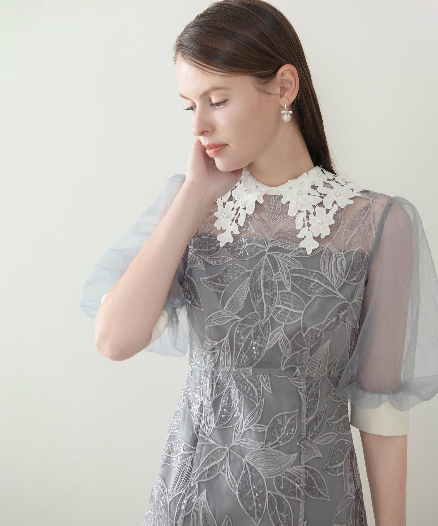 【当日発送】レースカラーリーフスパンコールパフスリーブIラインワンピースドレス