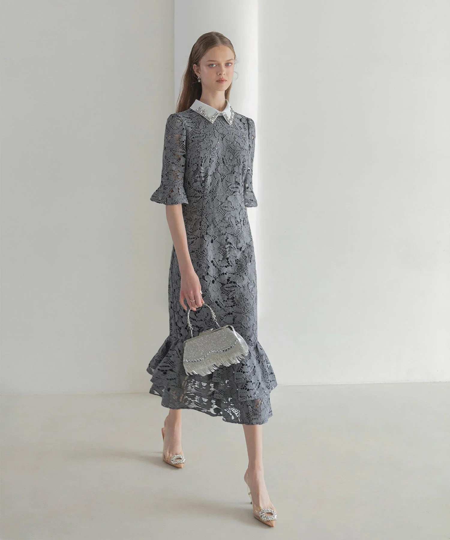 【当日発送】ビジューカラーフラワーフリルマーメイドワンピースドレス