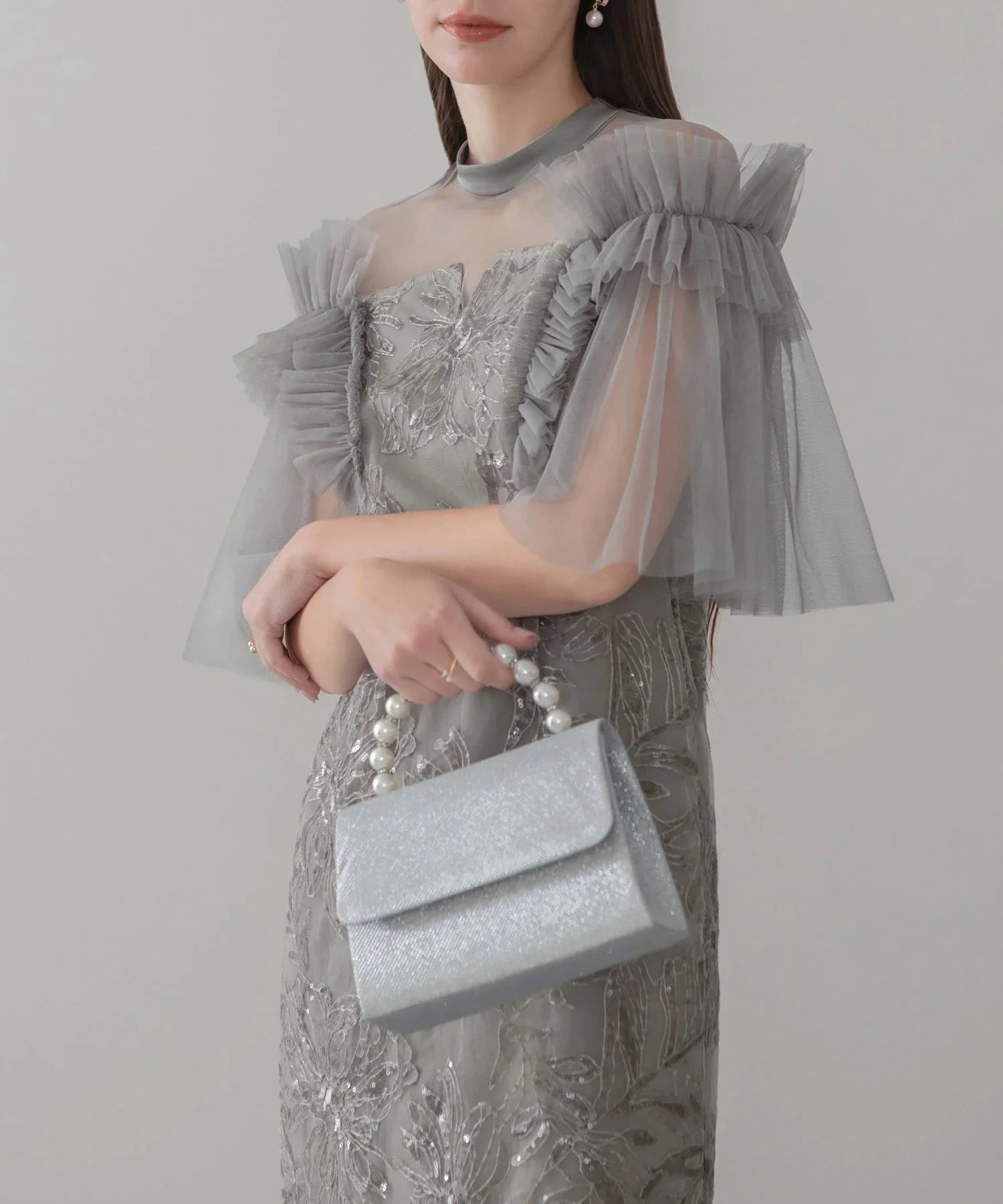 【当日発送】チュールフリルショルダーシアーIラインワンピースドレス