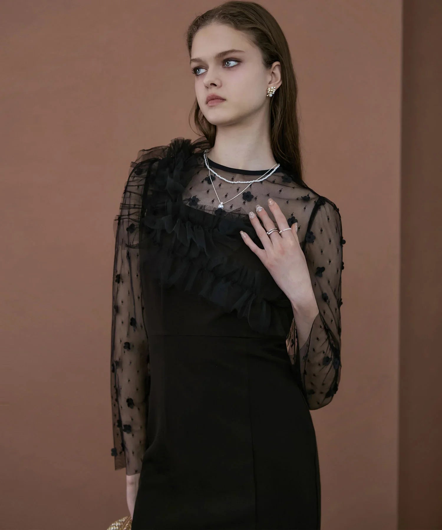 LEJAフラワーモチーフアシンメトリーマーメイドワンピースドレス Sサイズ 当日発送】フラワーモチーフアシンメトリーチュールマーメイド