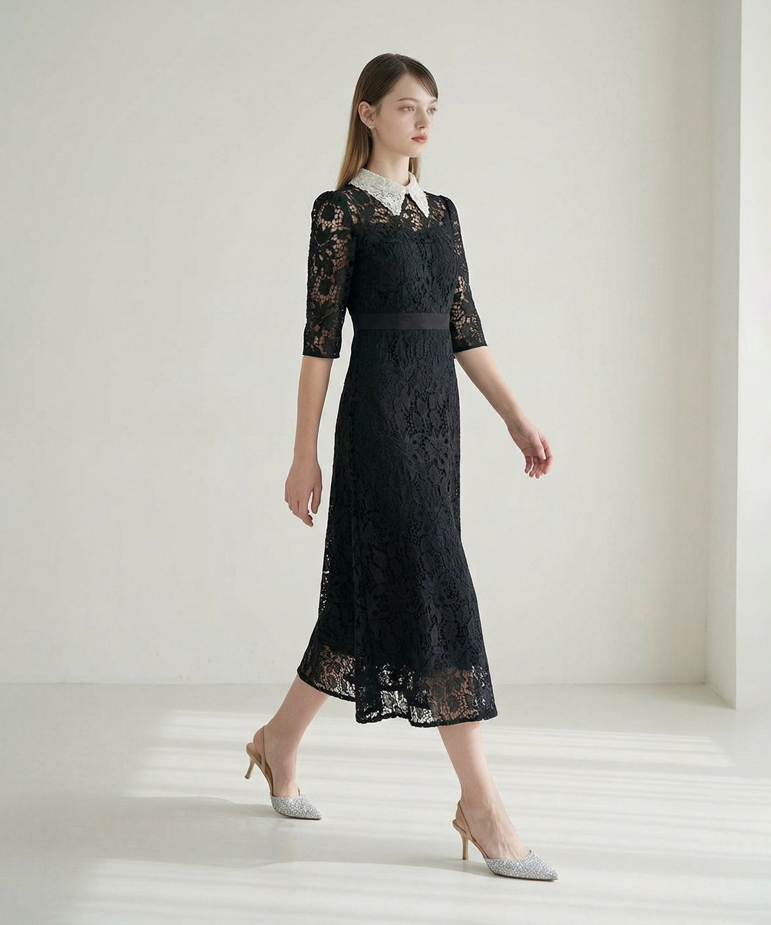 【当日発送】花柄レースビジューカラーAラインワンピースドレス