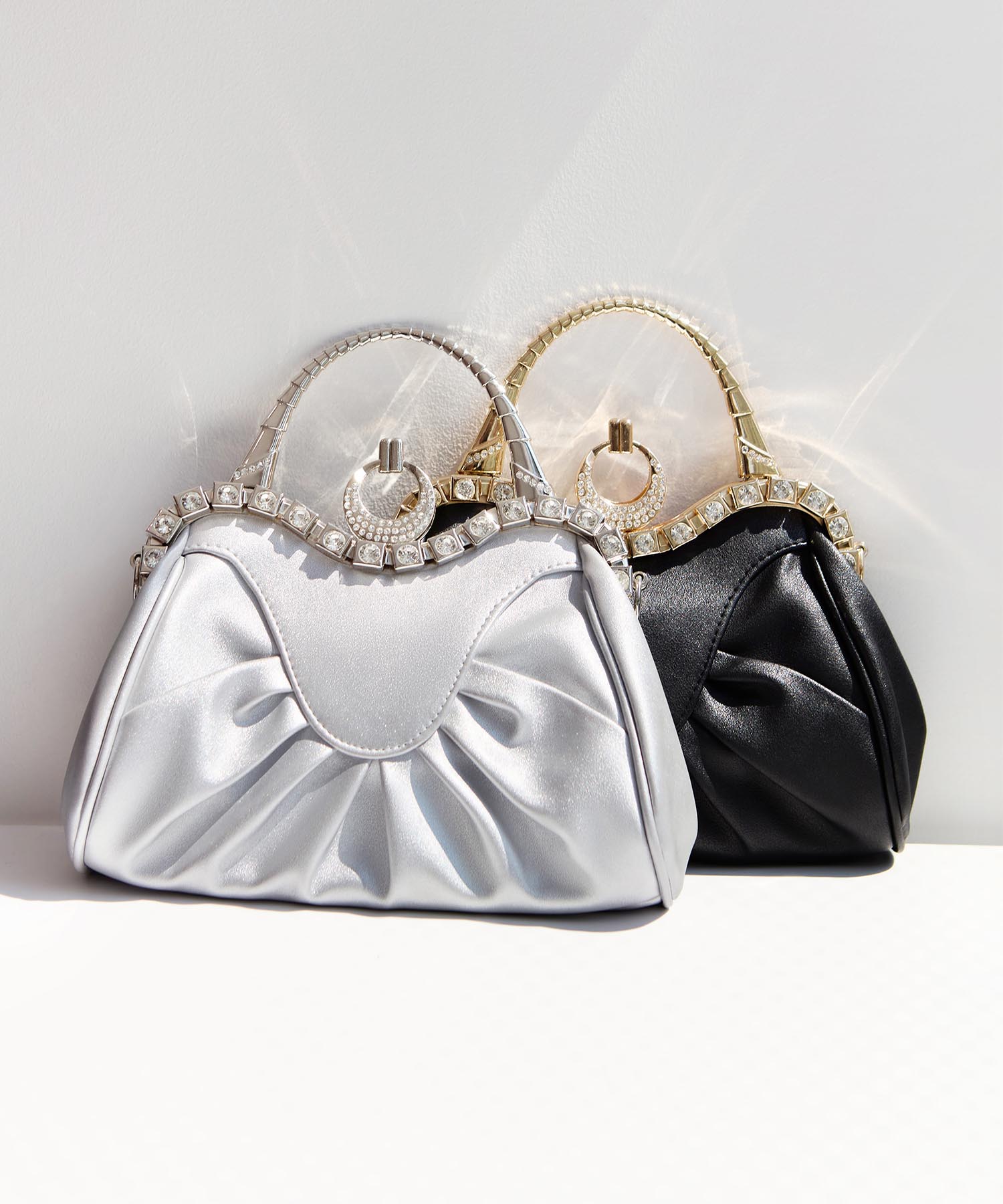 【当日発送】フェイクレザープリーツデザインビジュー2WAYショルダーバッグ