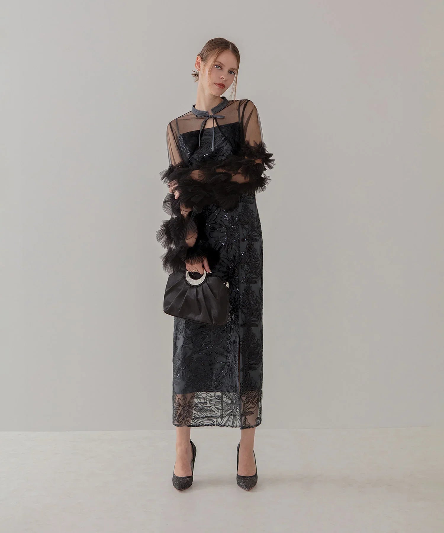 【一部当日発送】フリルチュールスリーブリボンIラインワンピースドレス