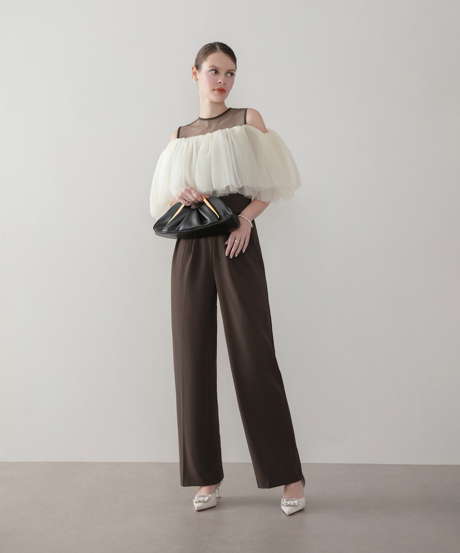 【当日発送】シアーチュールオフショルダーセットアップパンツドレス