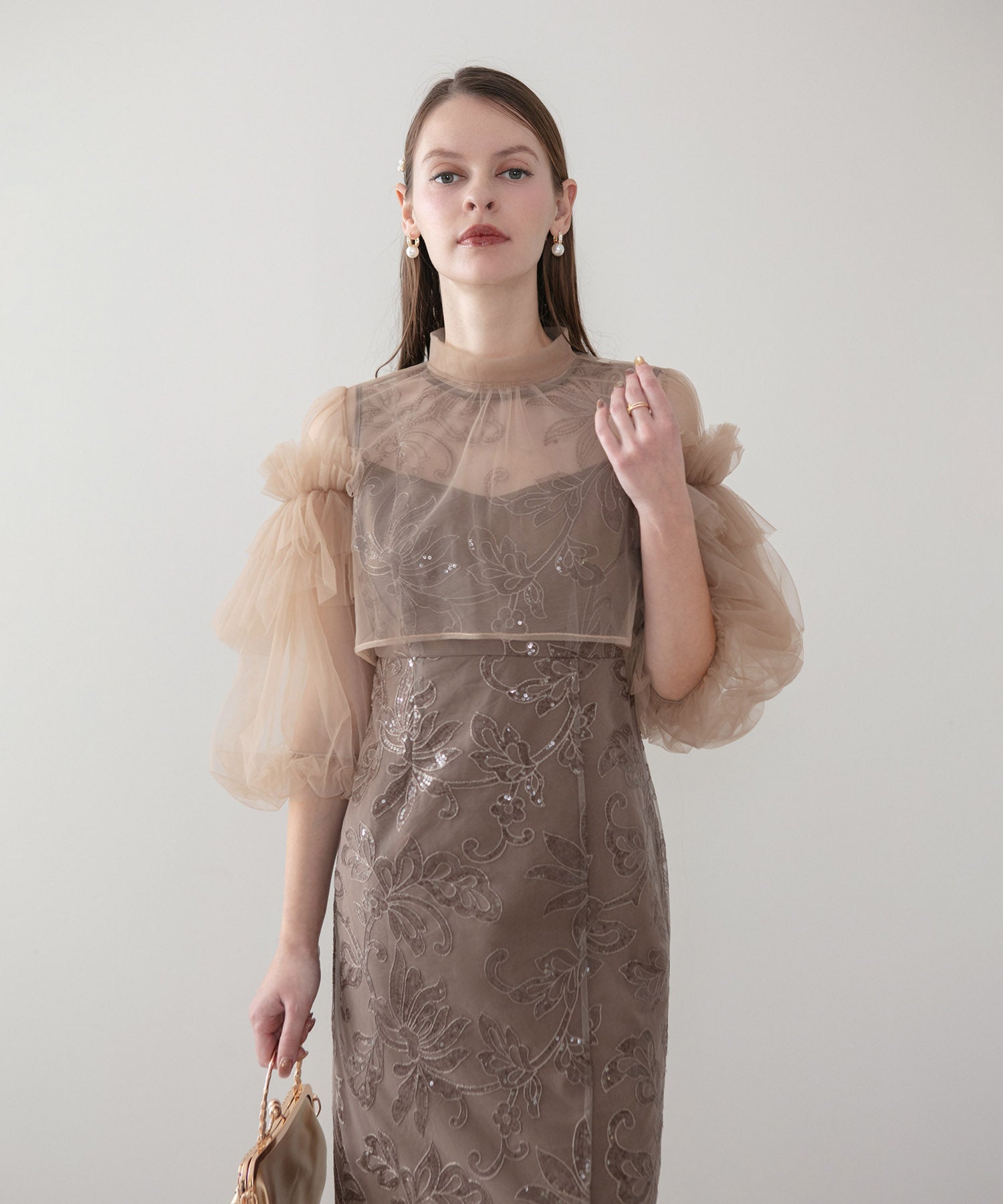 【当日発送】フリルチュールスパンコールフローラルIラインワンピースドレス