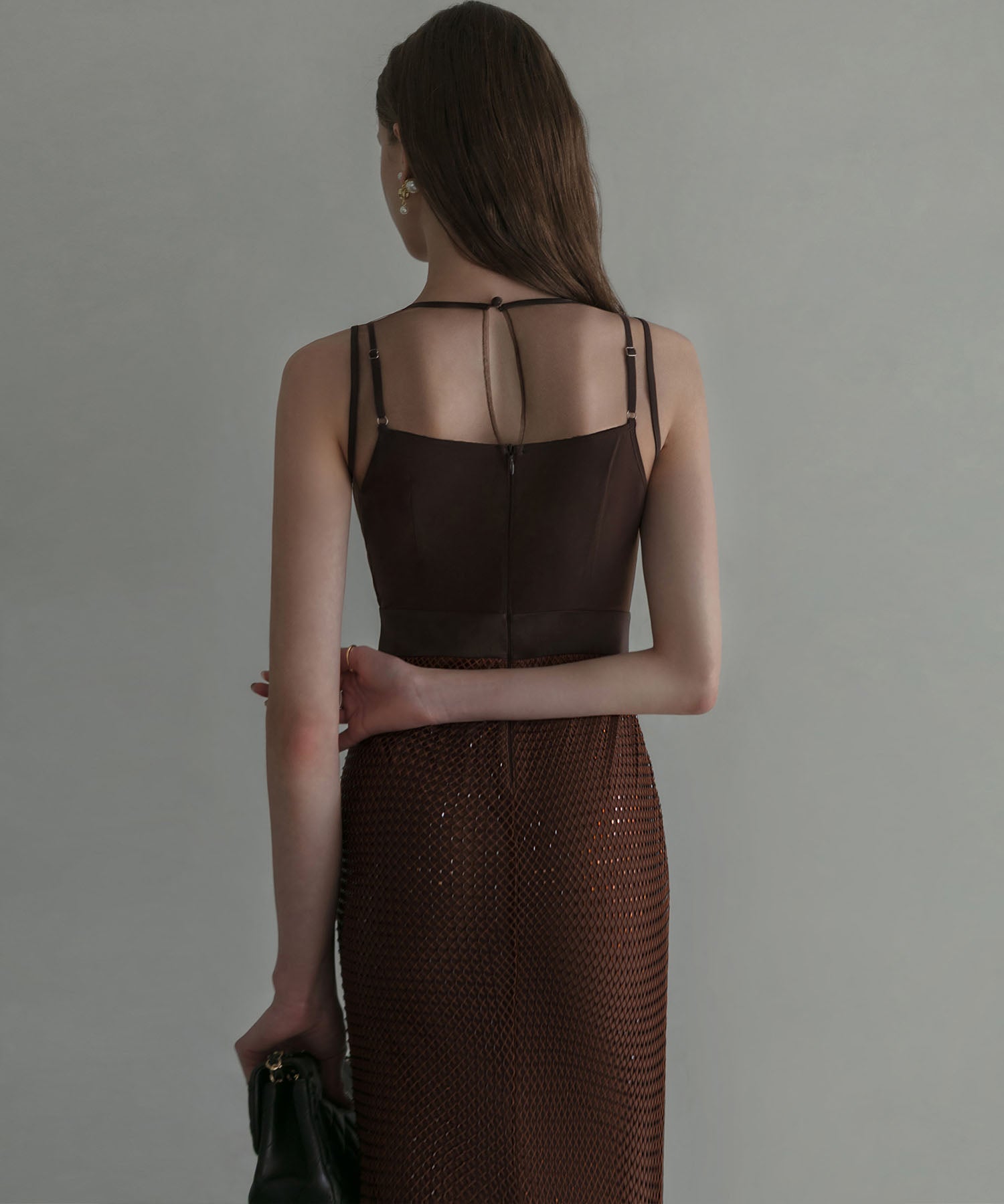 【LEJA LUXE】VネックメッシュストーンIラインドレス