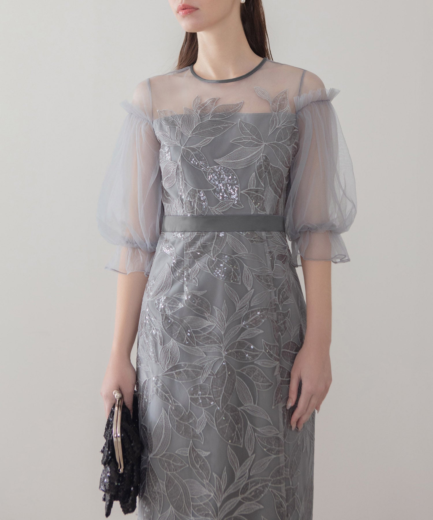 【当日発送】リーフスパンコールチュールパフスリーブIラインワンピースドレス