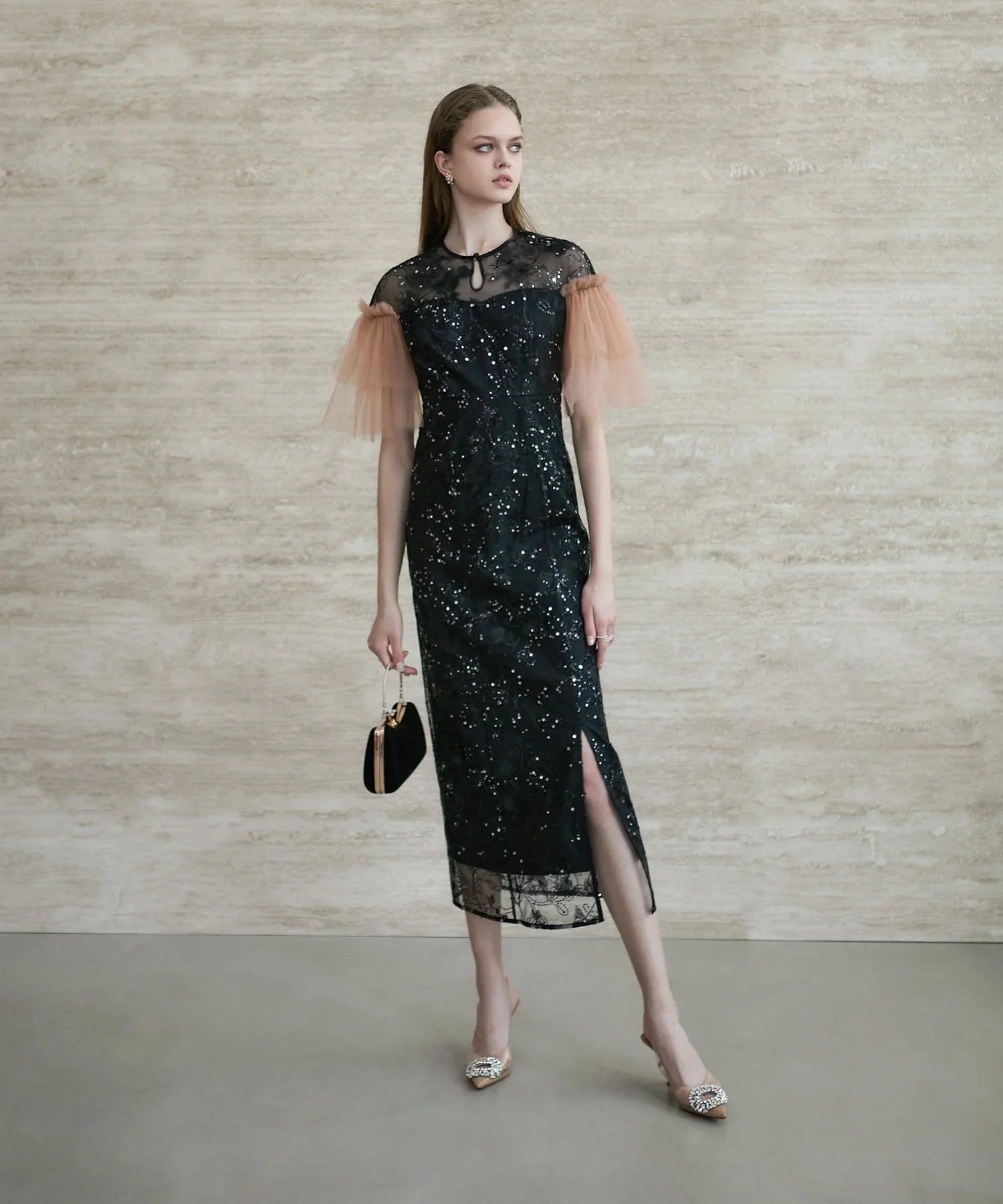 【当日発送】フラワースパンコールチュールスリーブIラインドレス