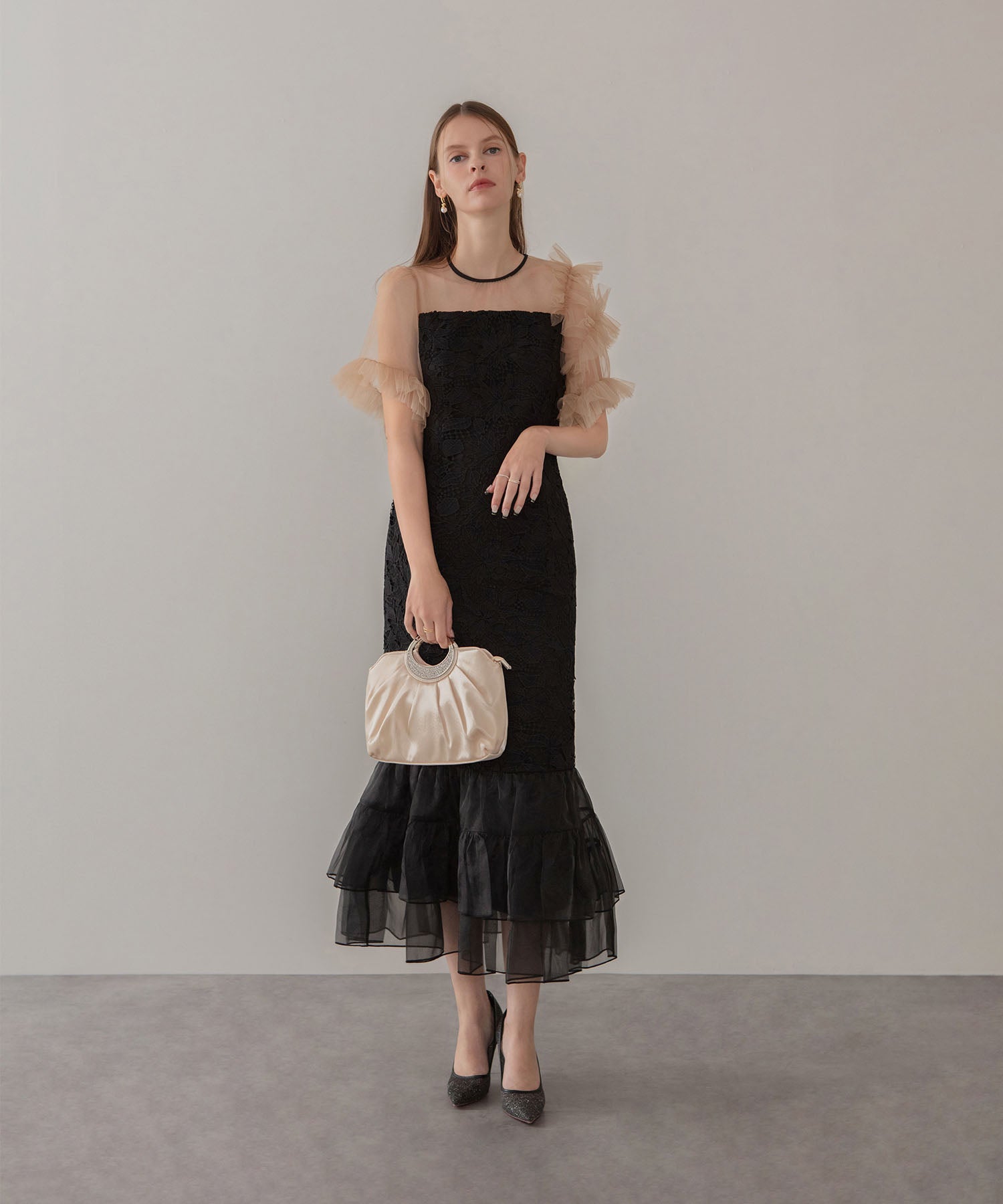 【一部当日発送】アシンメトリーチュールスリーブレースフリルヘムIラインワンピースドレス