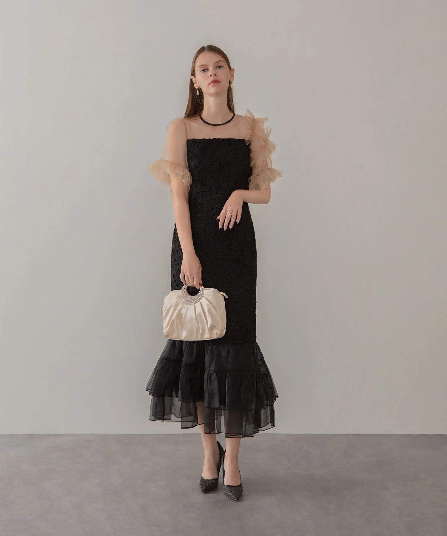 【当日発送】アシンメトリーチュールスリーブレースフリルヘムIラインワンピースドレス