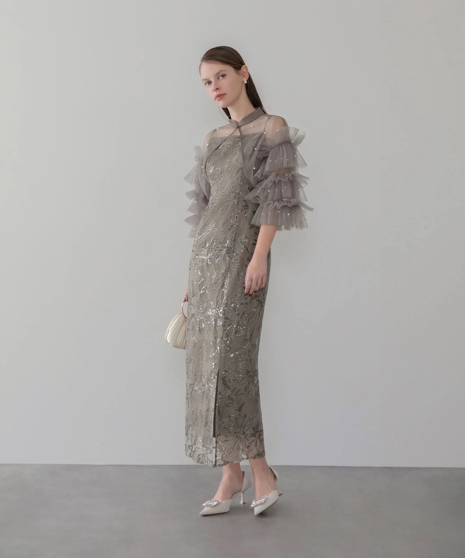 【一部当日発送】パールフリルチュールボレロレイヤードIラインワンピースドレス