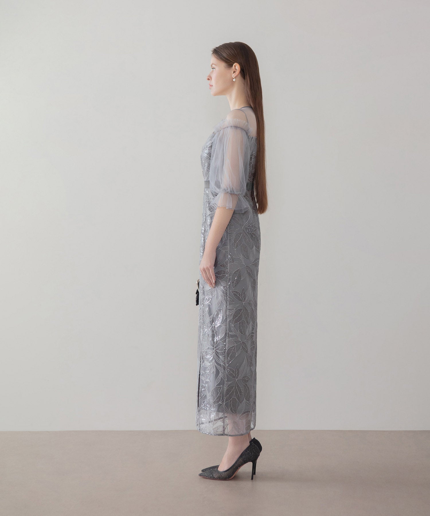 【当日発送】リーフスパンコールチュールパフスリーブIラインワンピースドレス