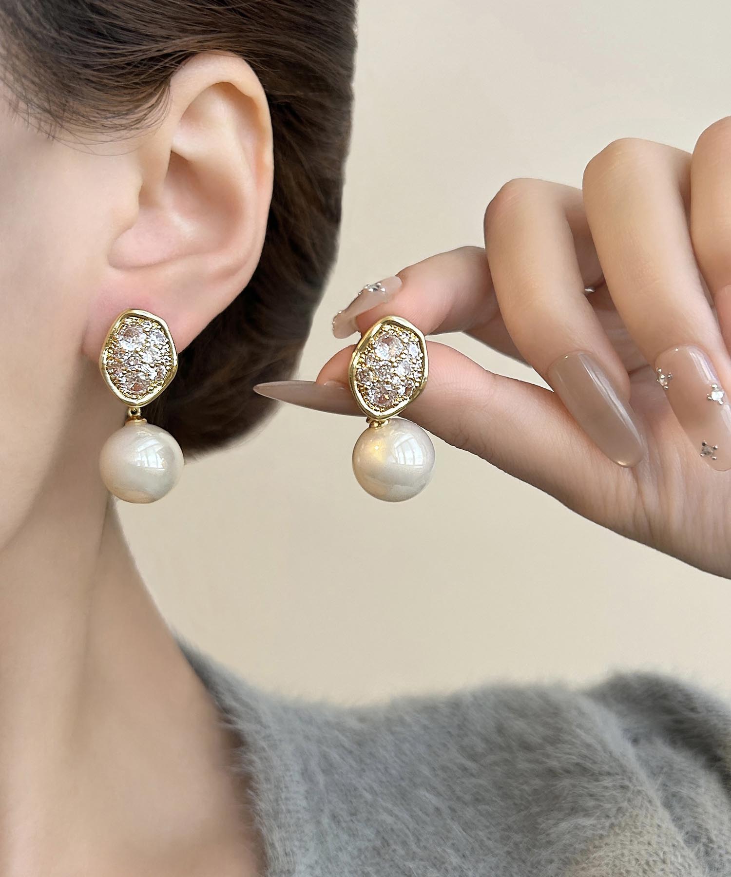 【当日発送】オーバルビジュードロップパールピアス