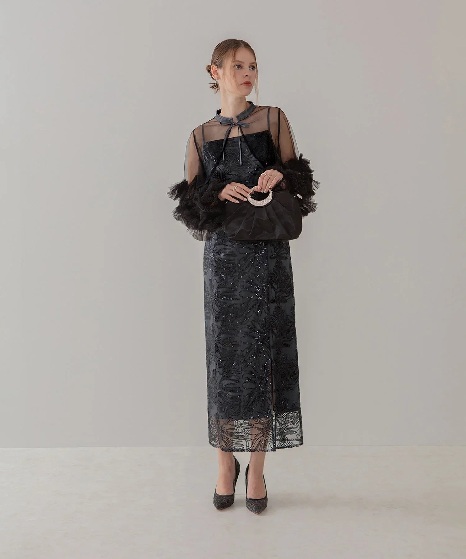 【一部当日発送】フリルチュールスリーブリボンIラインワンピースドレス