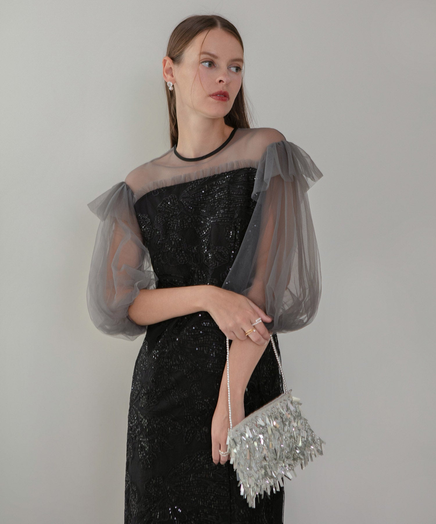 【一部当日発送】フラワースパンコールシアーフリルスリーブIラインワンピースドレス