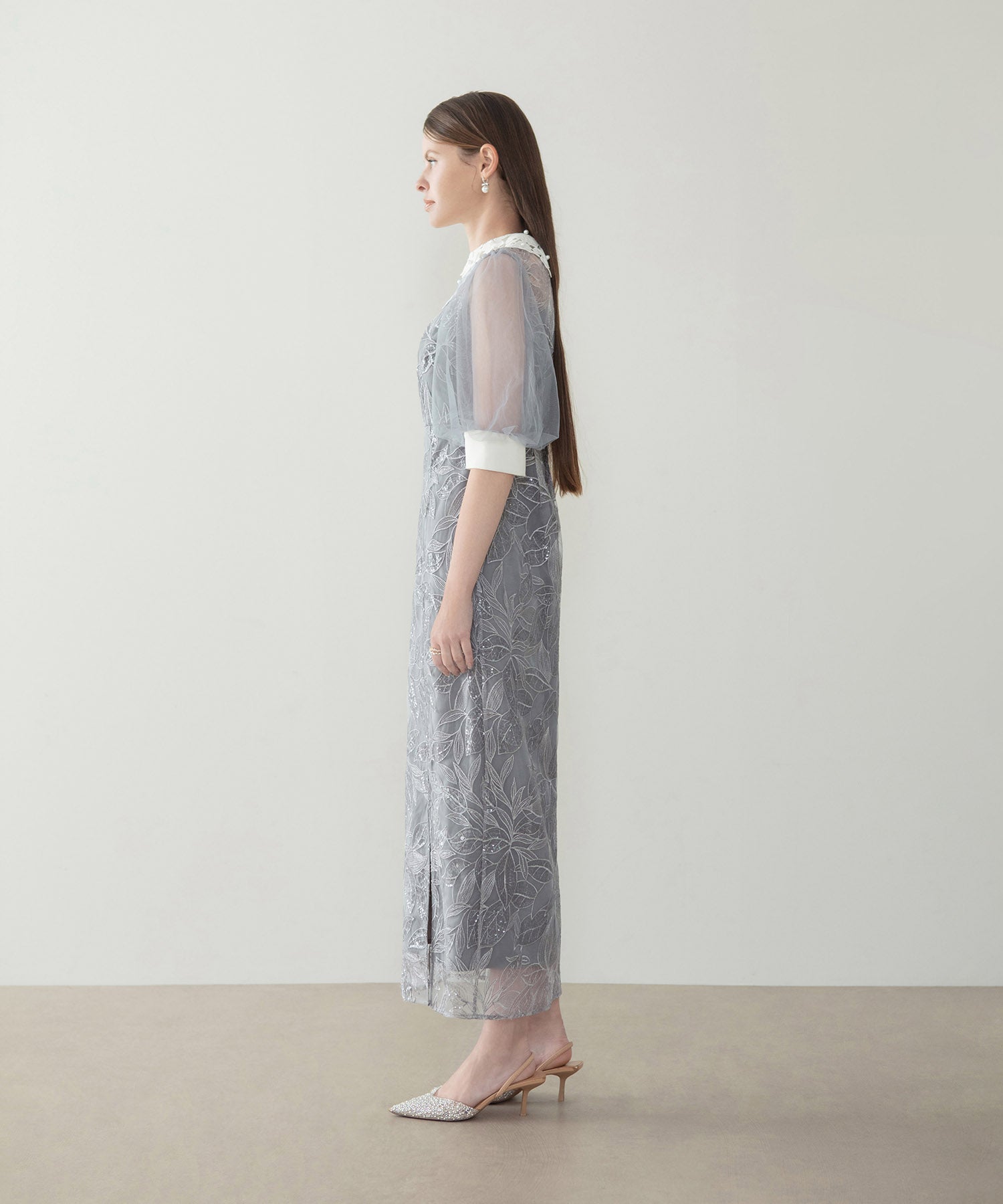 【当日発送】レースカラーリーフスパンコールパフスリーブIラインワンピースドレス