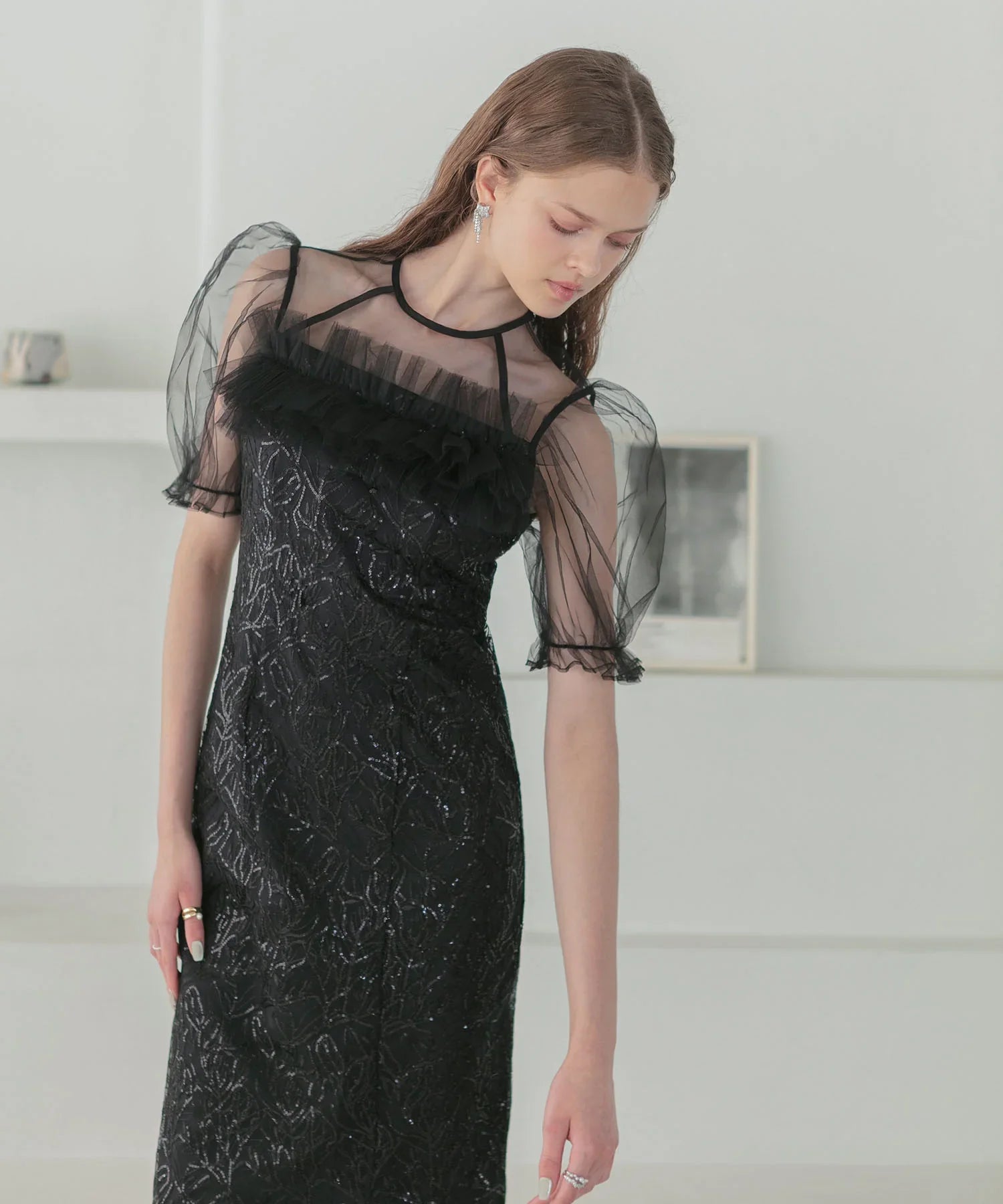 【当日発送】チュールフラワースパンコールIラインワンピースドレス