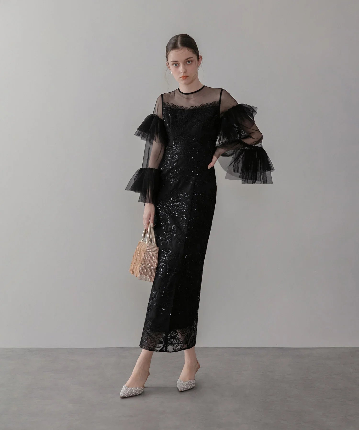 当日発送】フリルチュールスリーブレースIラインワンピースドレス