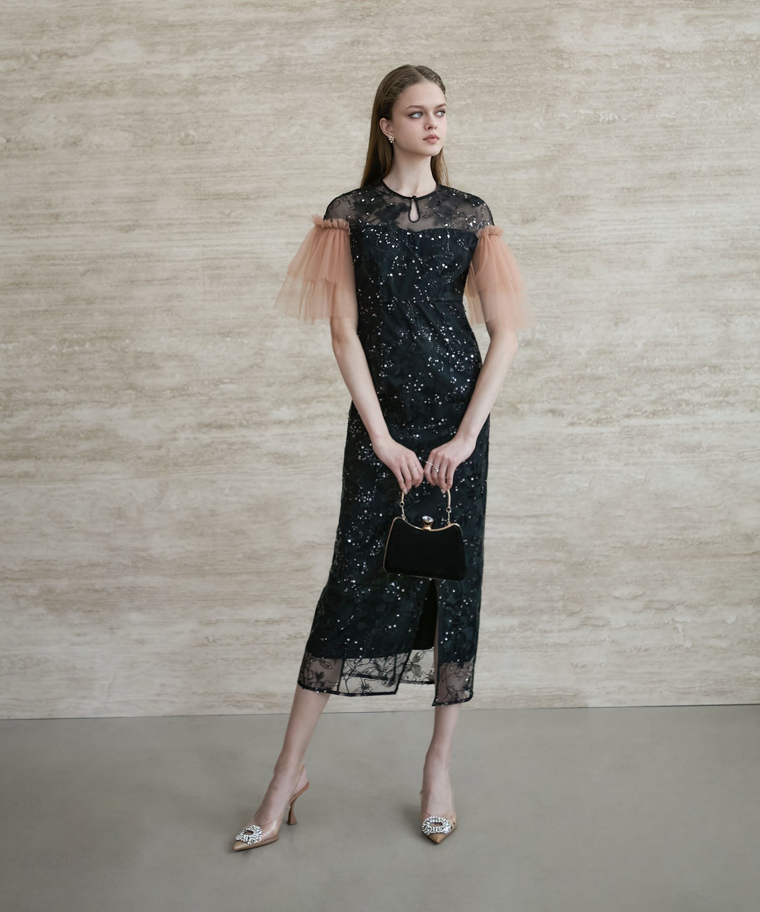 【当日発送】フラワースパンコールチュールスリーブIラインドレス