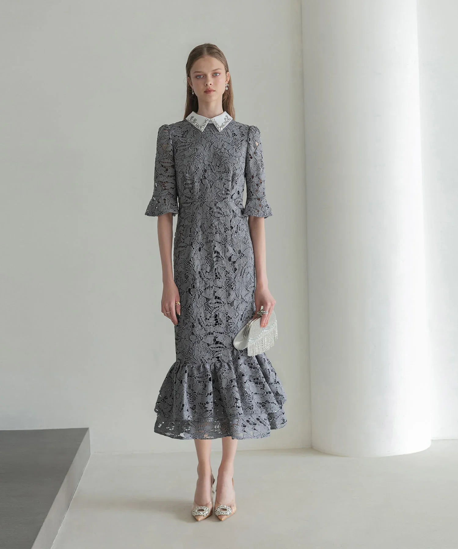 【当日発送】ビジューカラーフラワーフリルマーメイドワンピースドレス