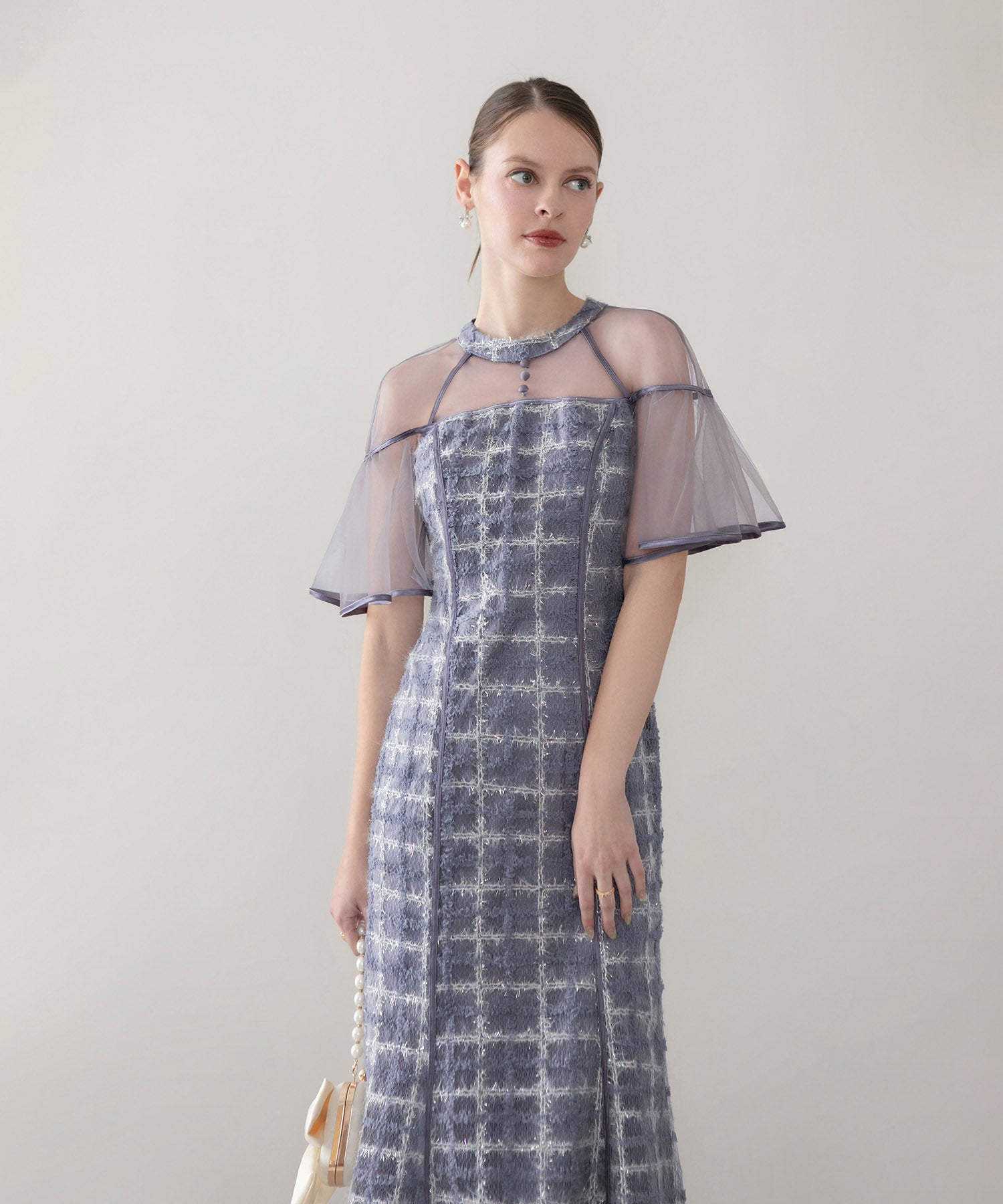 当日発送】ラメシャギーツイードチェックフリルマーメイドワンピースドレス