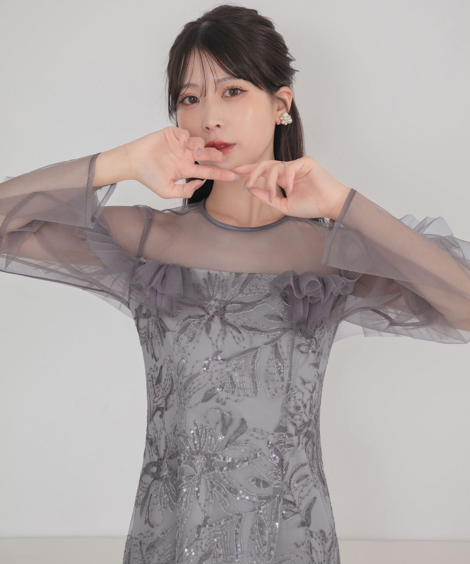 当日発送】フラワースパンコールヘムチュールIラインワンピースドレス