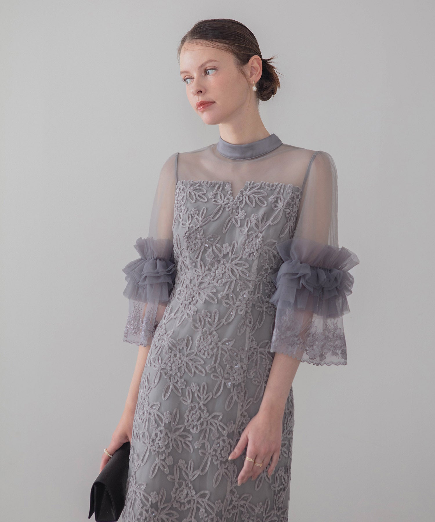 【COMING SOON】シアーチュールフラワーレースIラインワンピースドレス