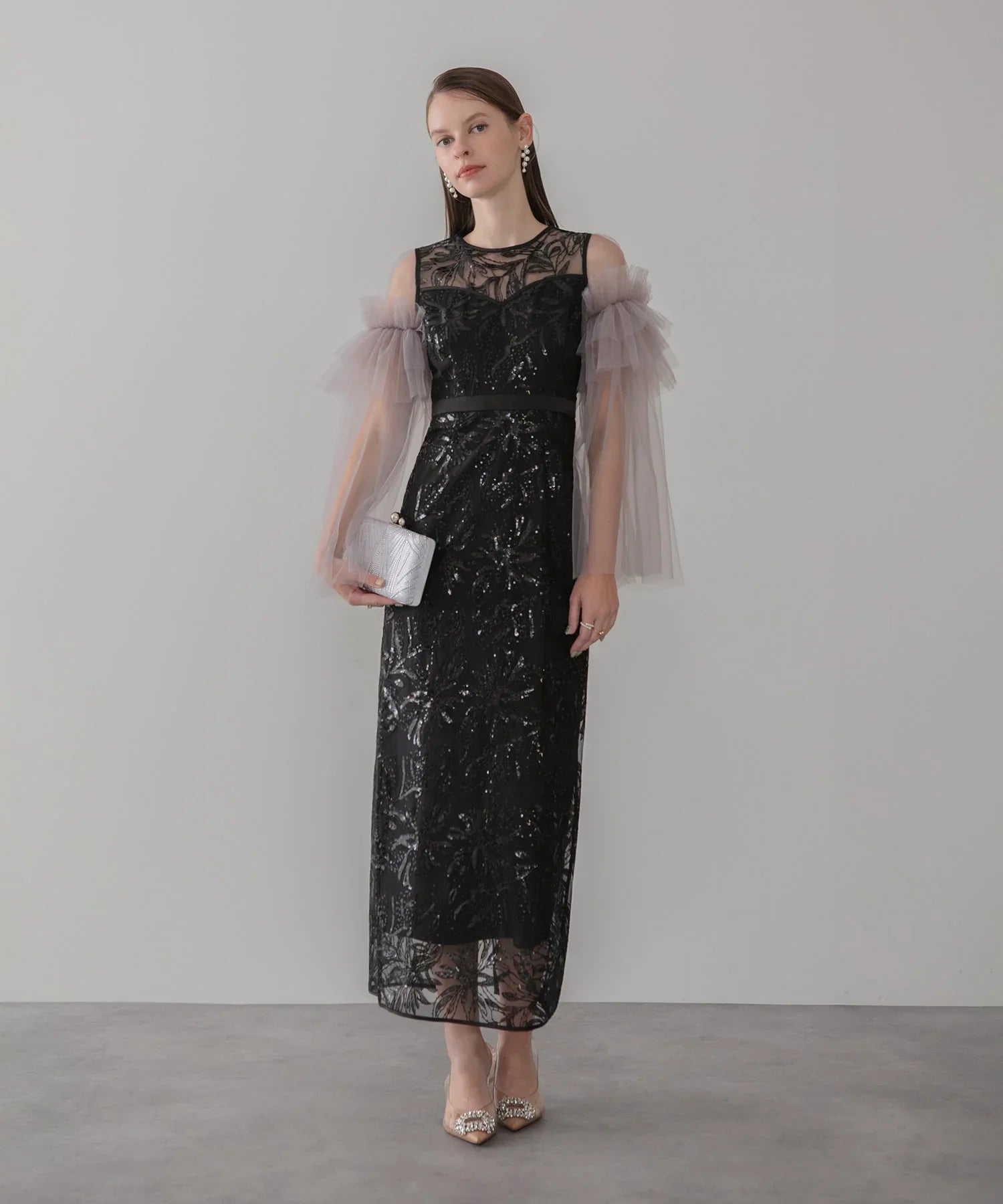 【当日発送】フラワーチュールフリルスリーブIラインワンピースドレス