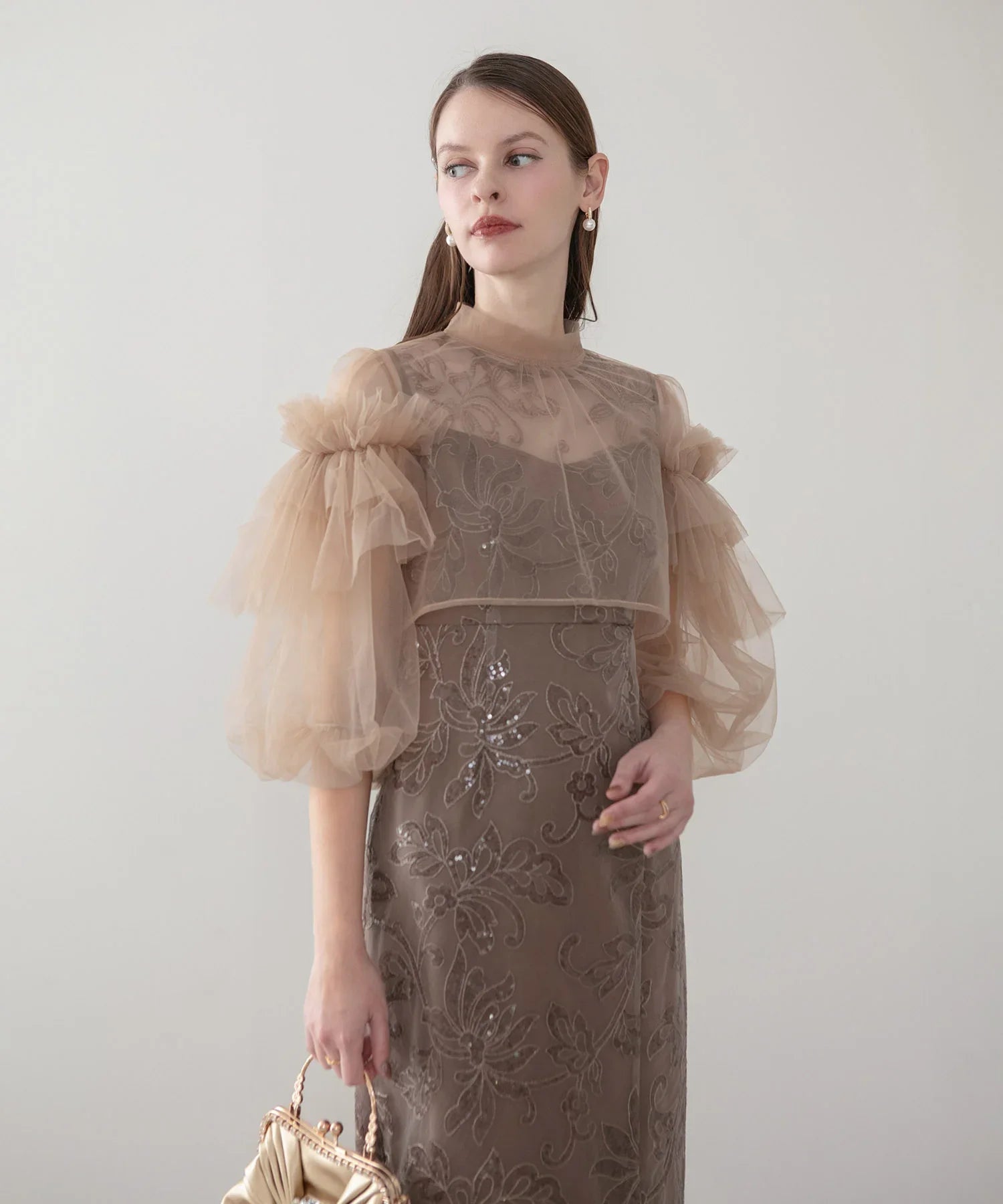 当日発送】フリルチュールスパンコールフローラルIラインワンピースドレス