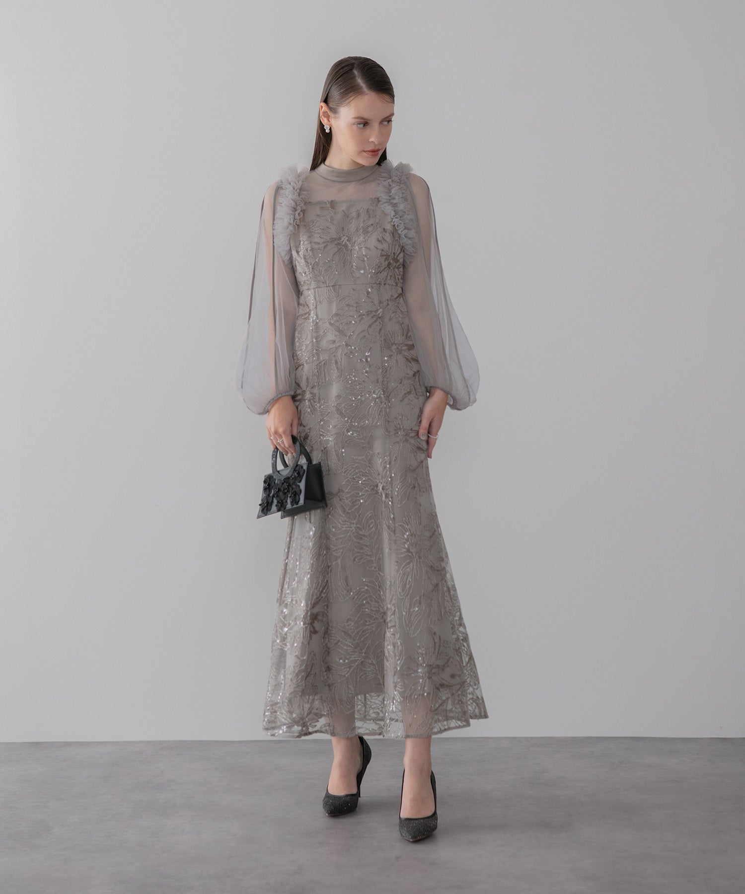 【当日発送】フラワースパンコールチュールフリルロングスリーブマーメイドワンピースドレス