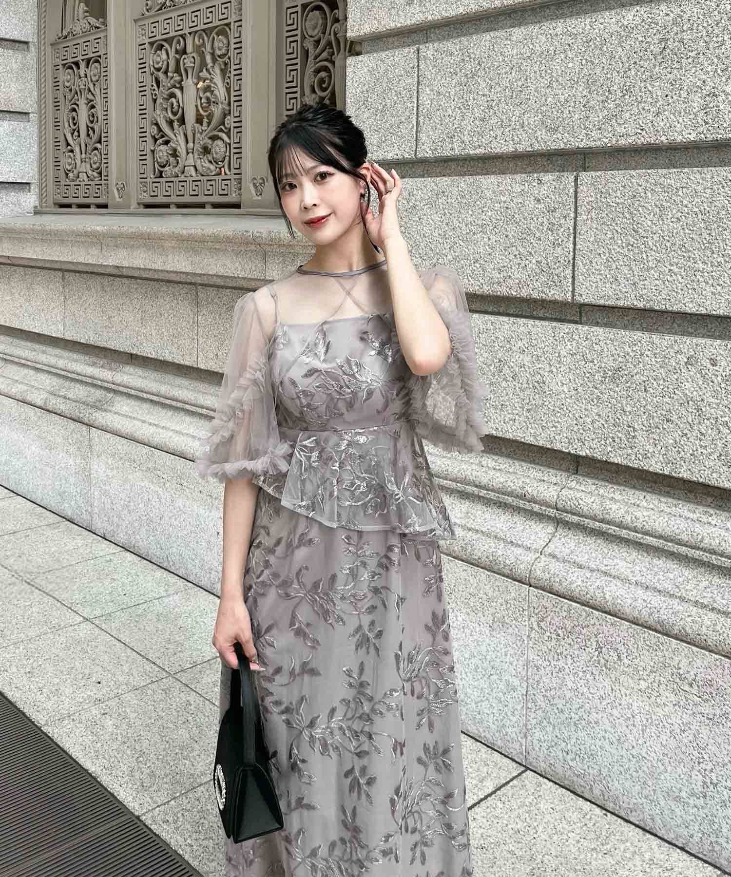 【COMING SOON】リーフシシュウスパンコールペプラムチュールAラインワンピースドレス
