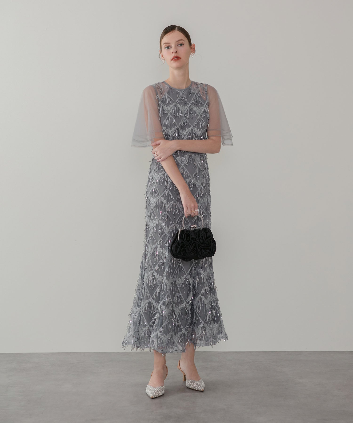 【当日発送】チュールスリーブスパンコールマーメイドワンピースドレス