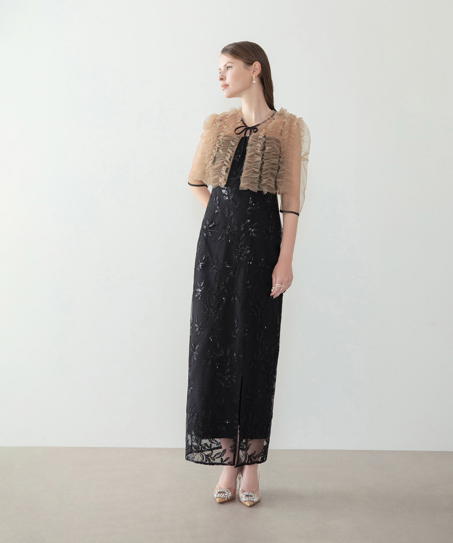 【当日発送】チュールフリルボレロフラワースパンコールＩラインワンピースドレス