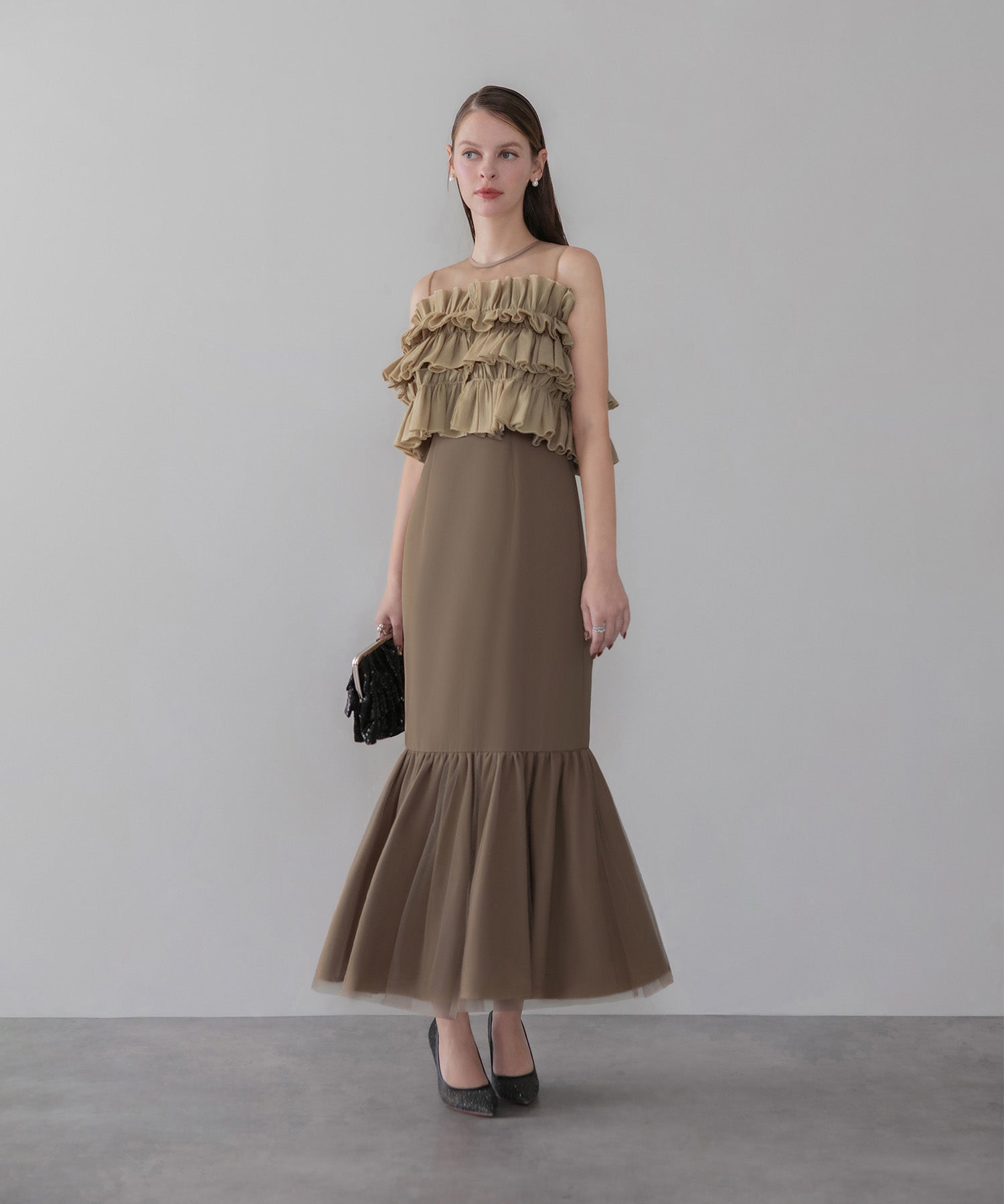 【COMING SOON】3WAYアシンメトリーチュールフリルワンピースドレス