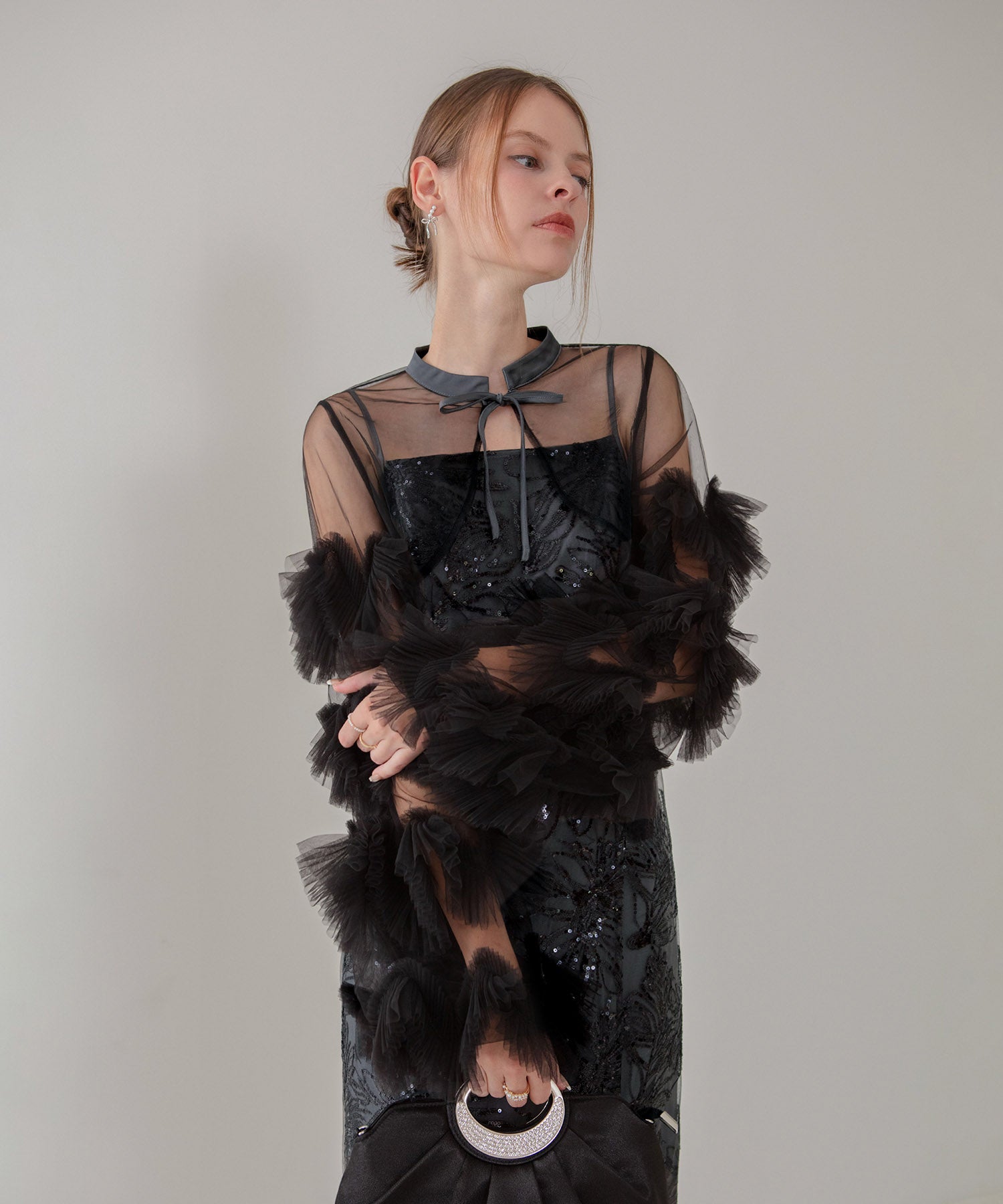 【一部当日発送】フリルチュールスリーブリボンIラインワンピースドレス