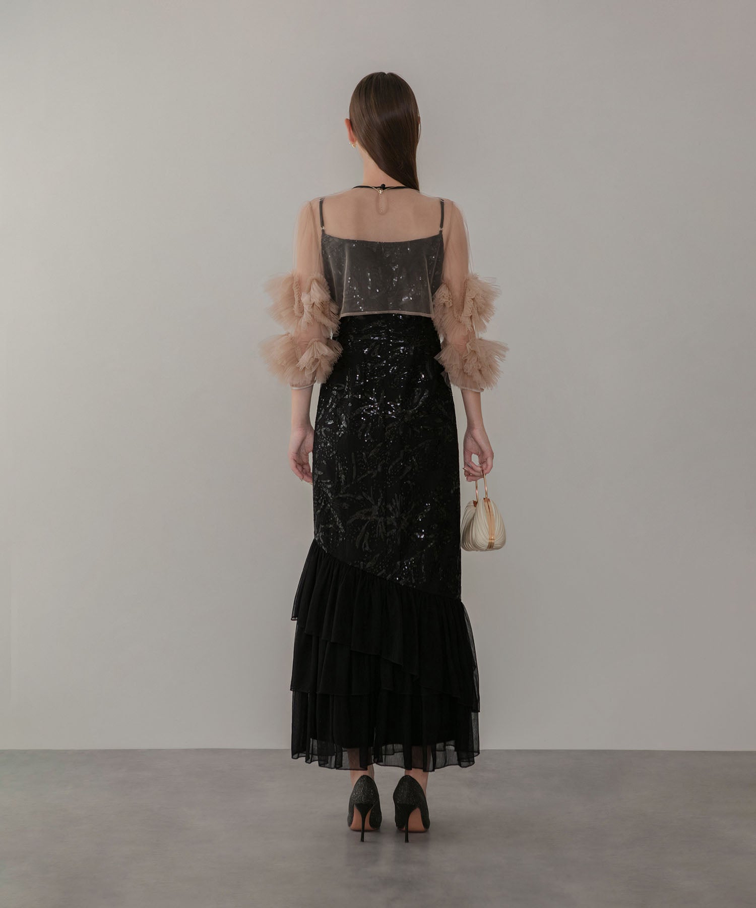 【一部当日発送】フラワースパンコールチュールフリルスリーブIラインワンピースドレス