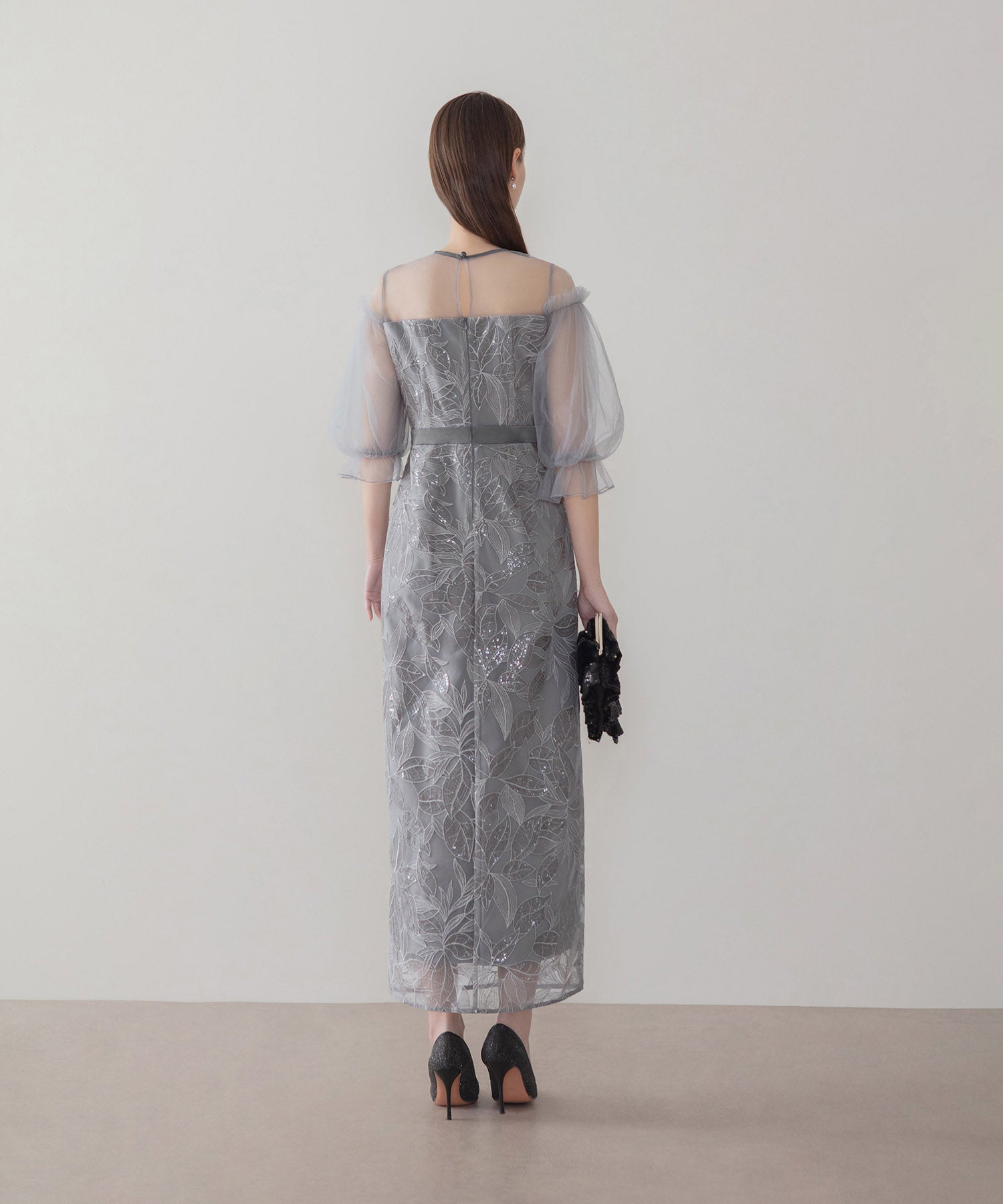 【当日発送】リーフスパンコールチュールパフスリーブIラインワンピースドレス