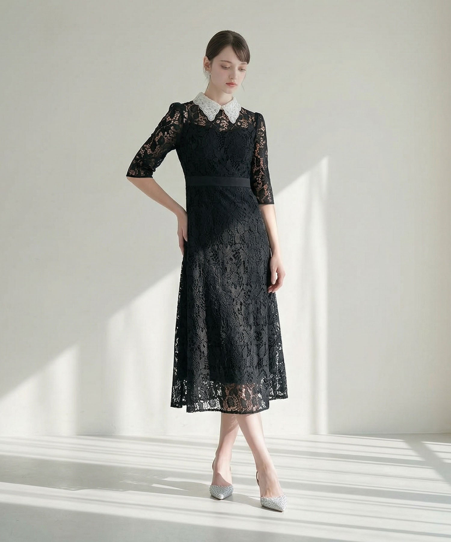 【当日発送】花柄レースビジューカラーAラインワンピースドレス