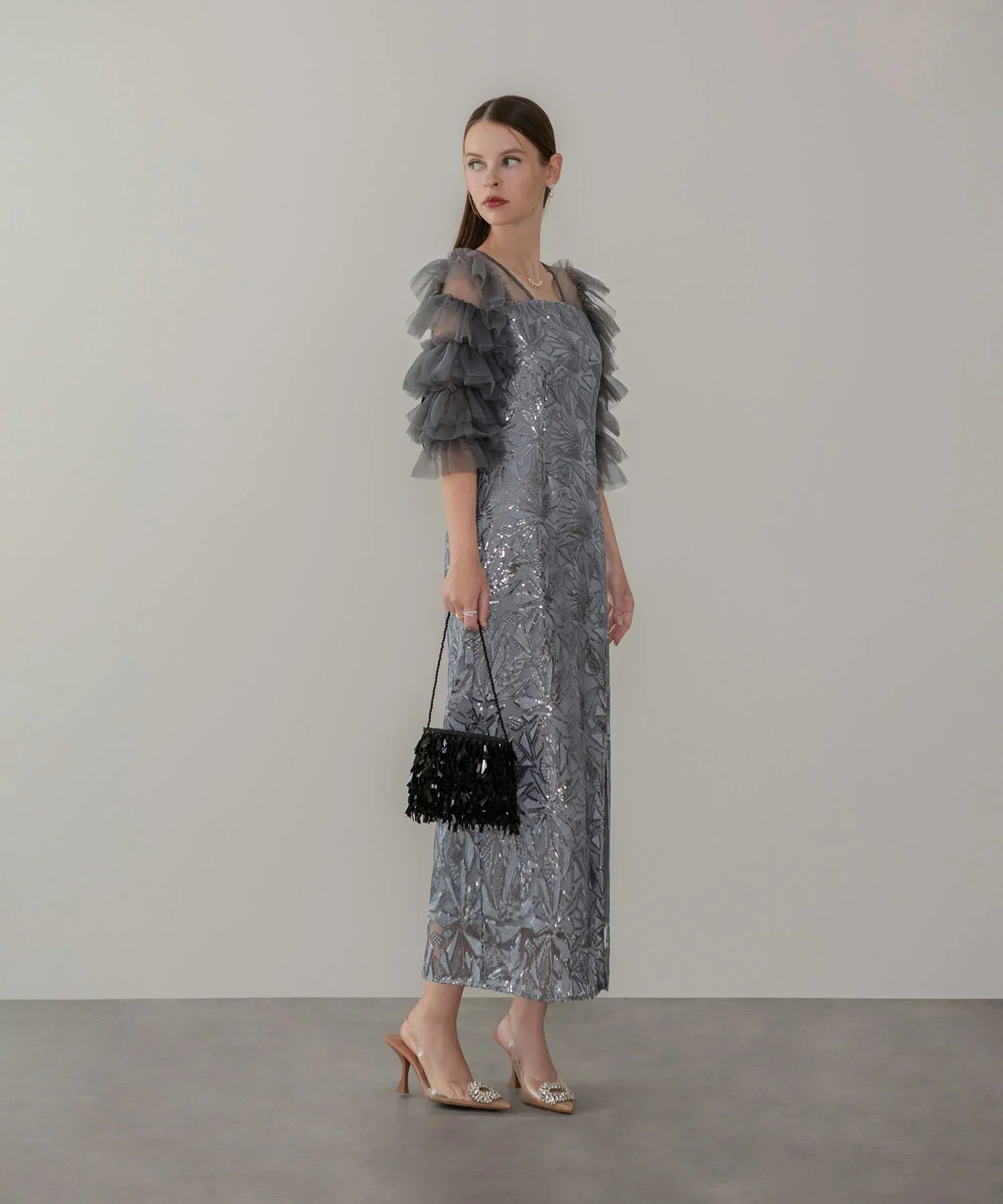 当日発送】チュールフリルスリーブスパンコールIラインワンピースドレス