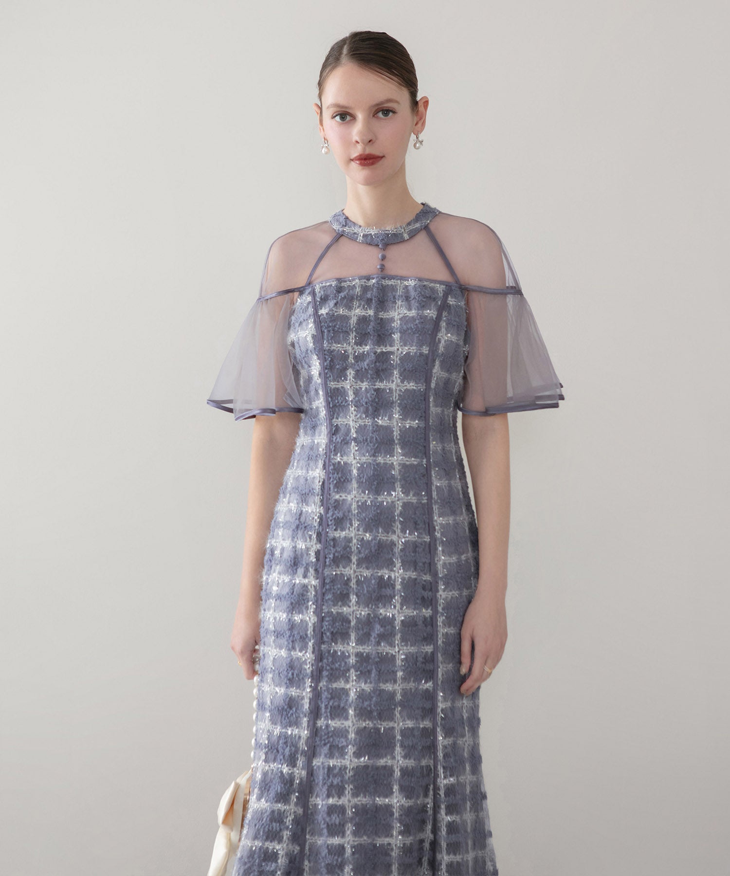 【当日発送】ラメシャギーツイードチェックフリルマーメイドワンピースドレス