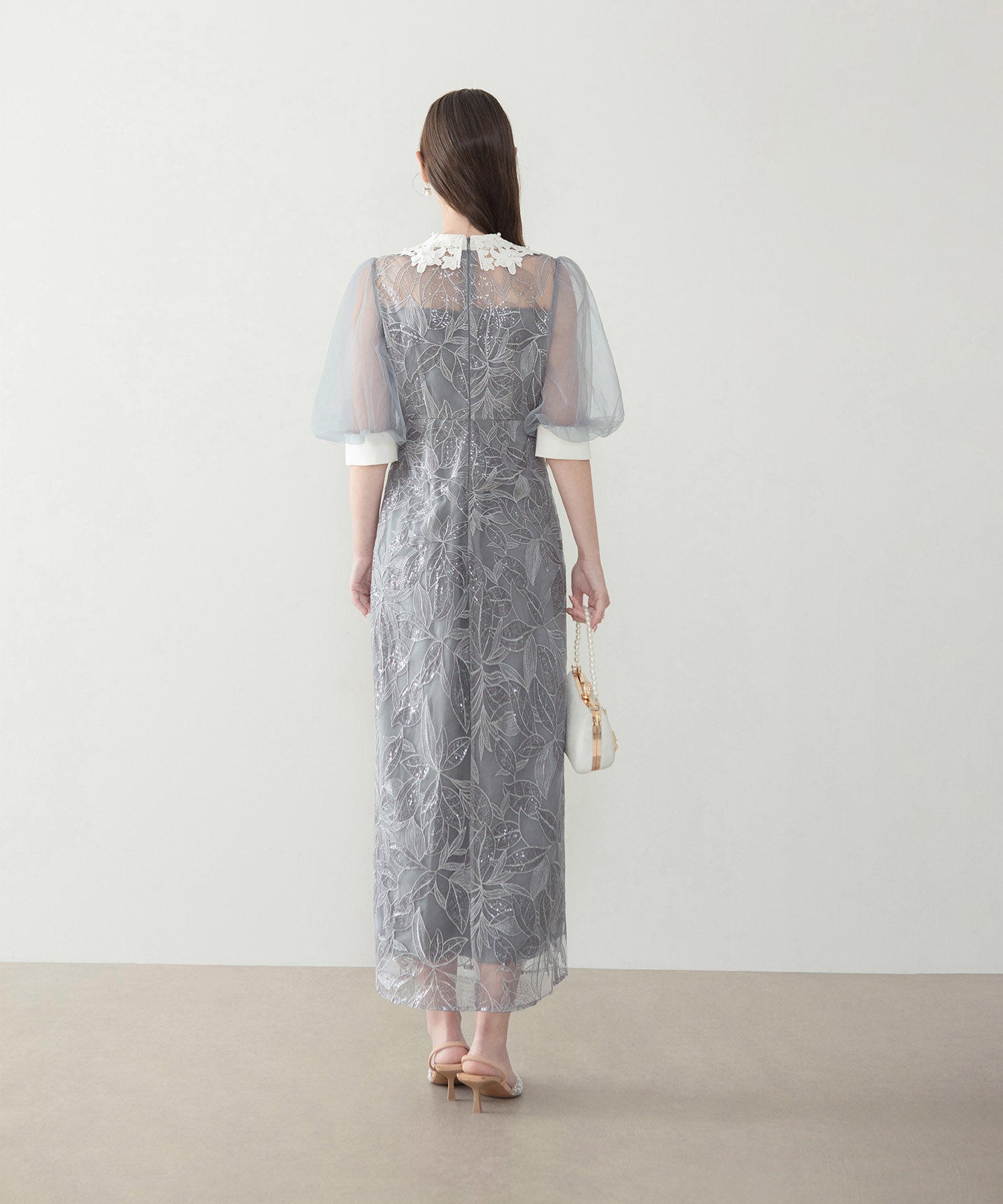 【当日発送】レースカラーリーフスパンコールパフスリーブIラインワンピースドレス