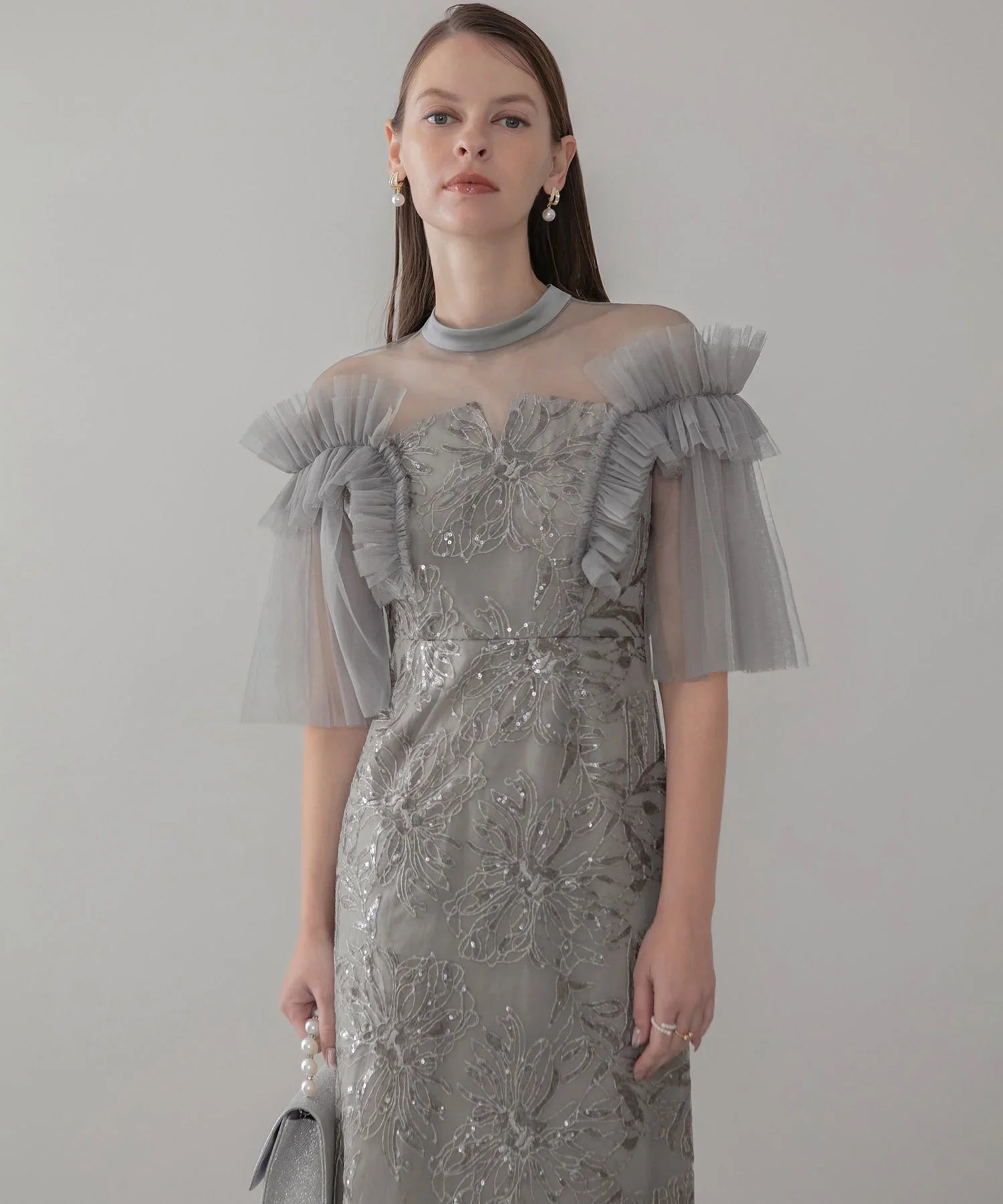 当日発送】チュールフリルショルダーシアーIラインワンピースドレス