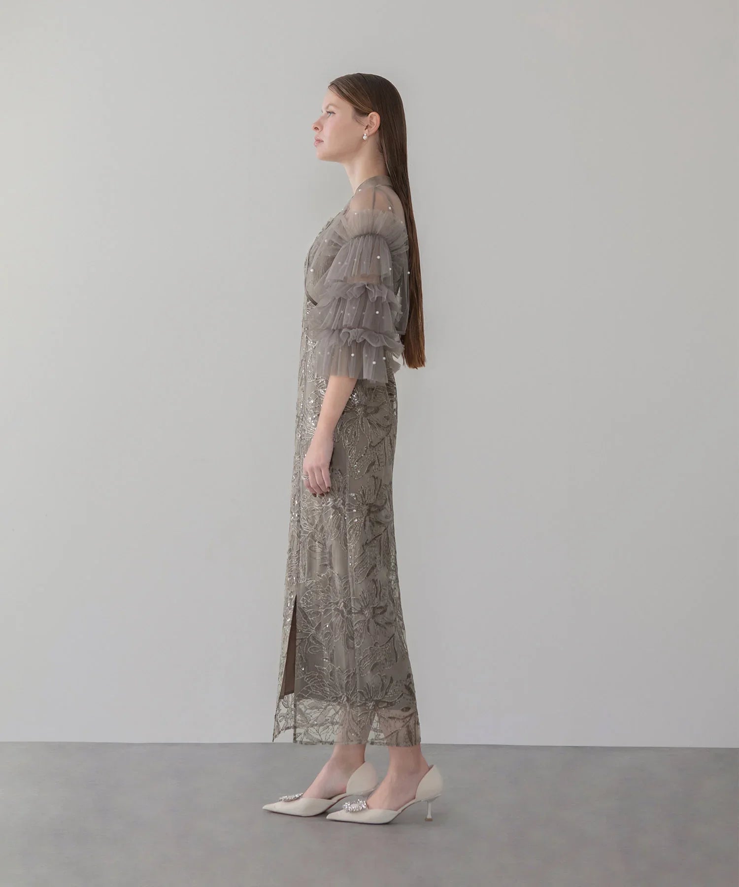 SOLD OUT】パールフリルチュールボレロレイヤードIラインワンピースドレス