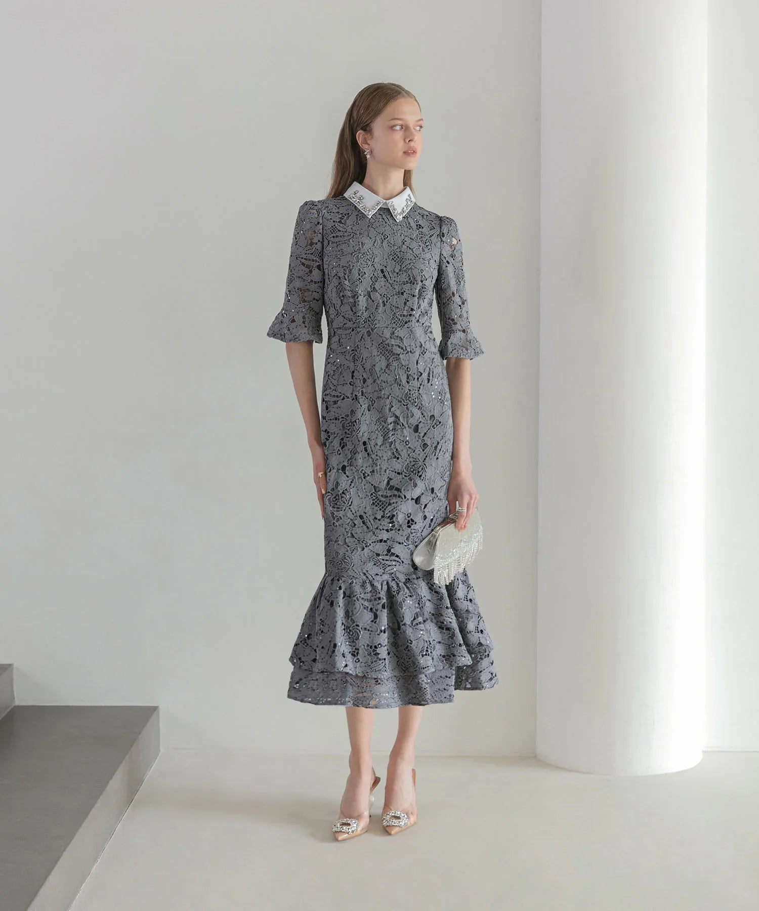 【当日発送】ビジューカラーフラワーフリルマーメイドワンピースドレス