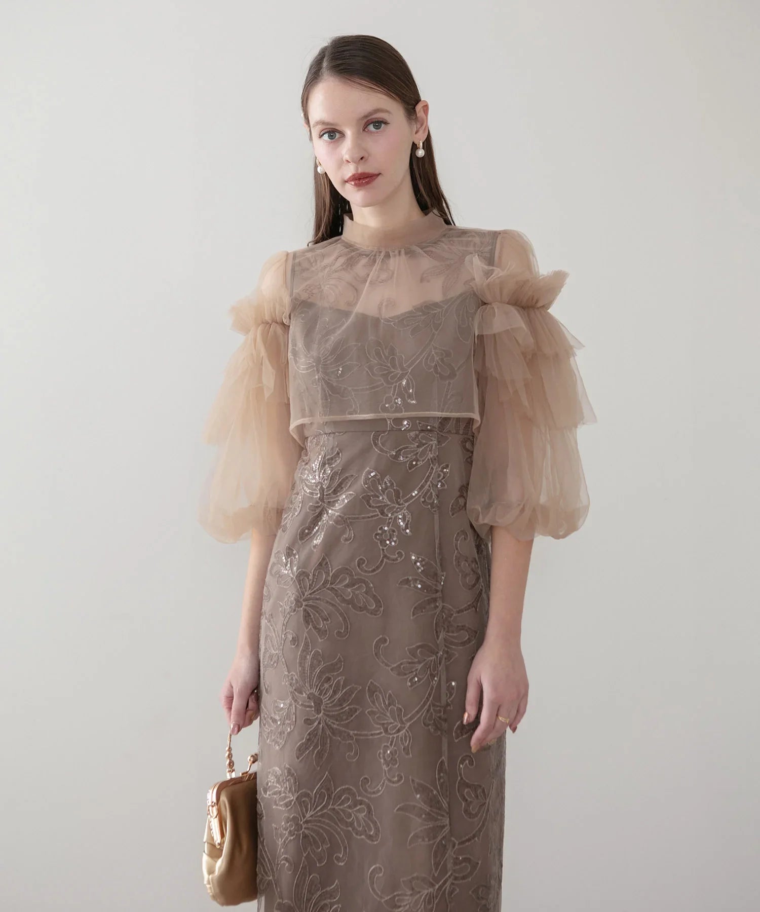 当日発送】フリルチュールスパンコールフローラルIラインワンピースドレス