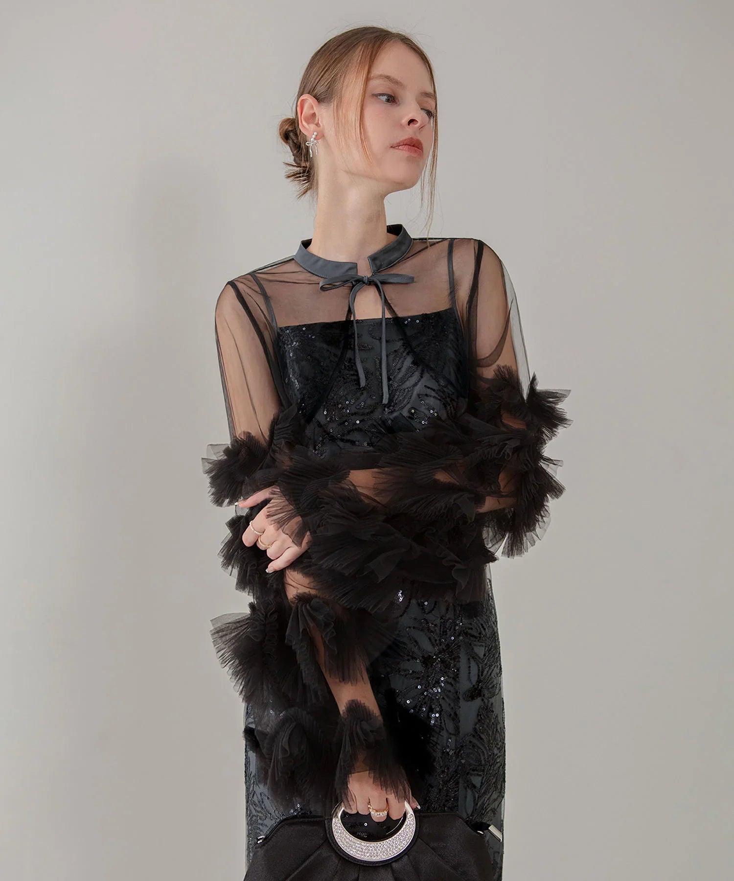 【一部当日発送】フリルチュールスリーブリボンIラインワンピースドレス