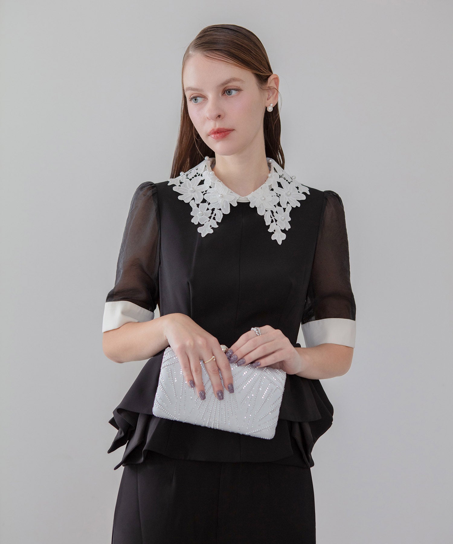 【当日発送】レースカラーペプラムブラウスパンツセットアップドレス