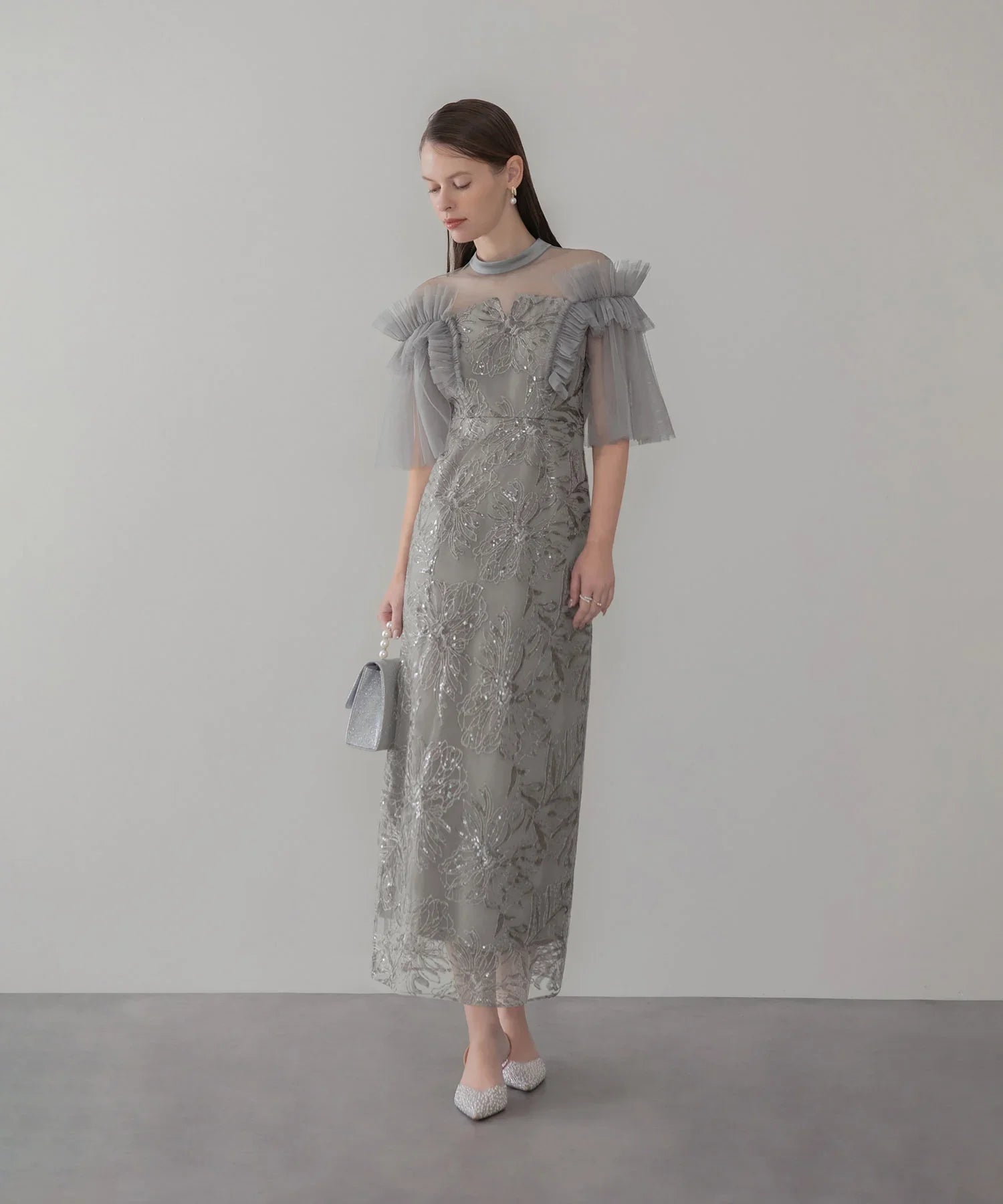 当日発送】チュールフリルショルダーシアーIラインワンピースドレス