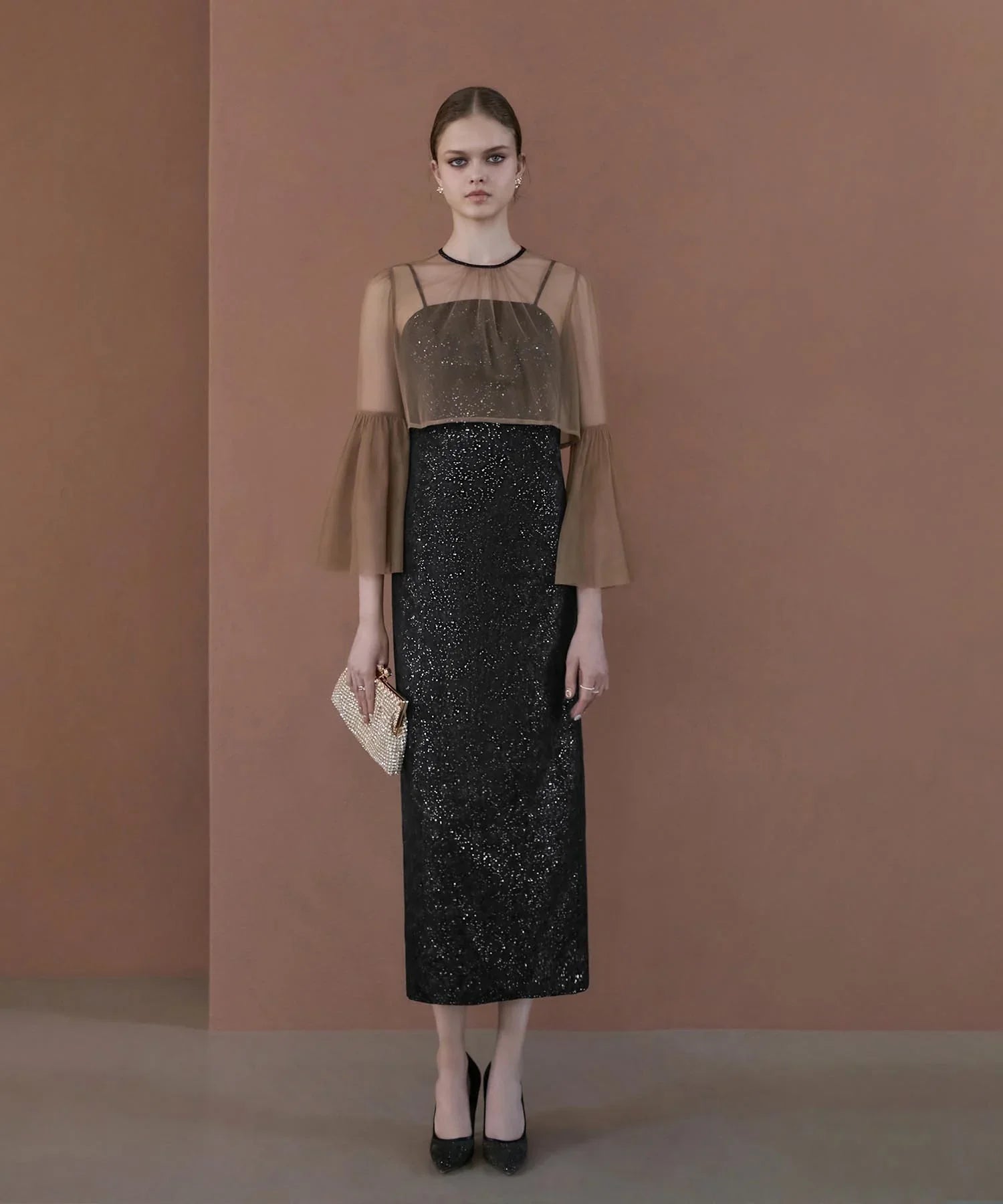 当日発送】シアーチュールベルスリーブペイントIラインワンピースドレス